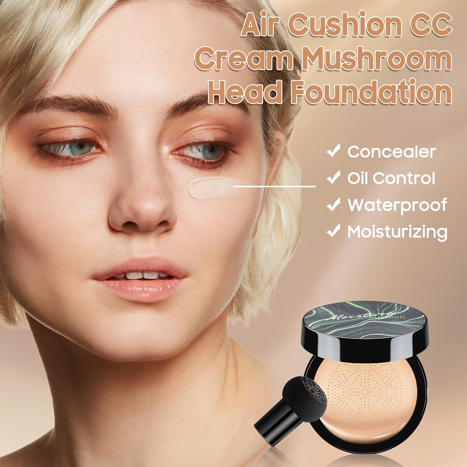 Mushroom Head Air Cushion CC Cream - BB Cream Foundation Makeup Moisturizing Concealer Long Lasting Waterproof With Powder Puff, Even Skin Tone (Natural, Pack of 1) - Image 3