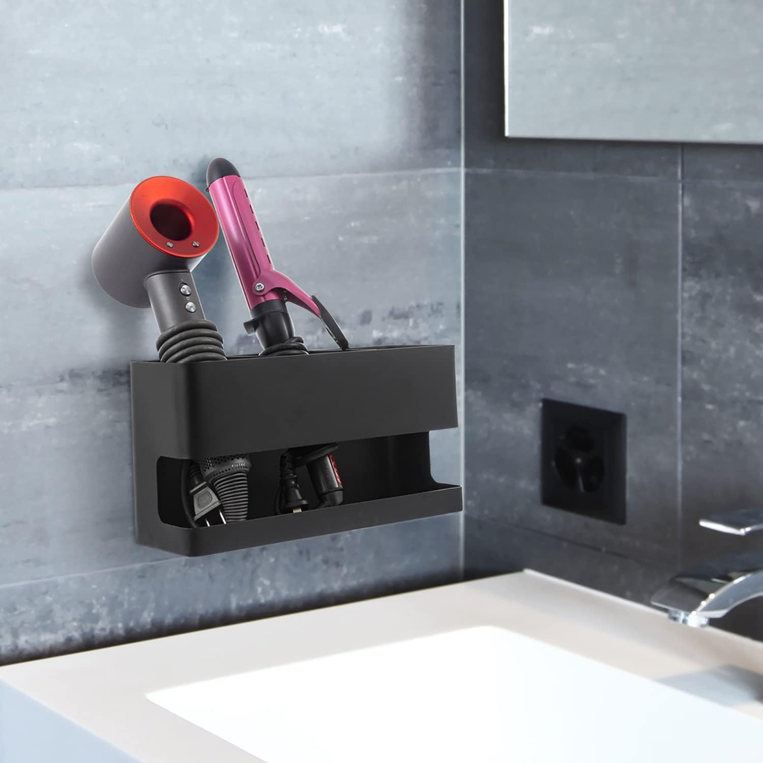Black 3-in-1 Metal Hair Tool Organizer for Wall Mounting Hair Dryers Curling Irons Straighteners Brushes - Image 3