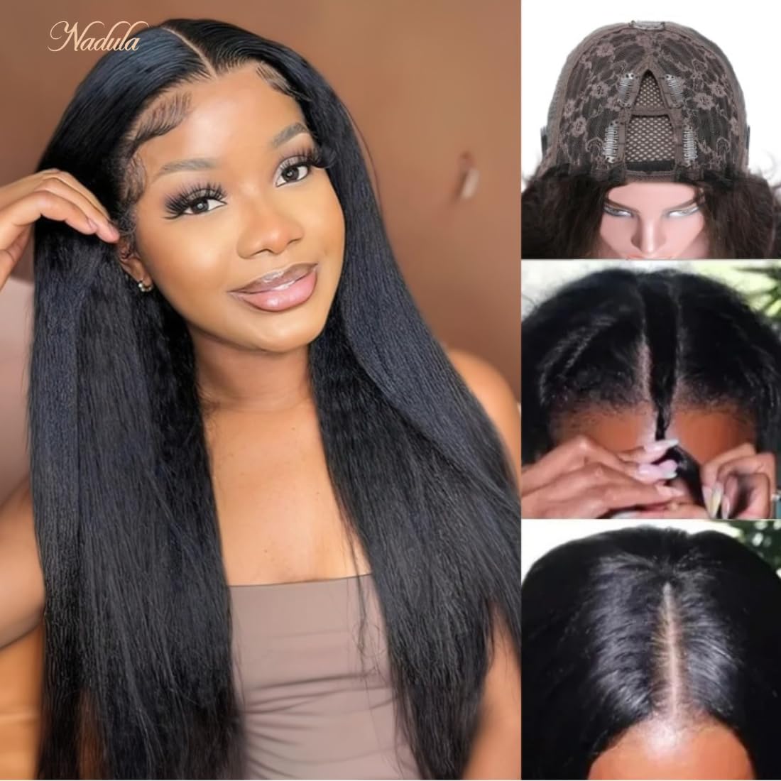 Nadula V Part Wig Yaki Straight Human Hair No Leave Out Glueless Upgraded U Part Wigs for Women,10A Yaki Straight V-part Wigs V Shape Clip in Half Wig Ready to Go 150% Density 16inch - Image 3