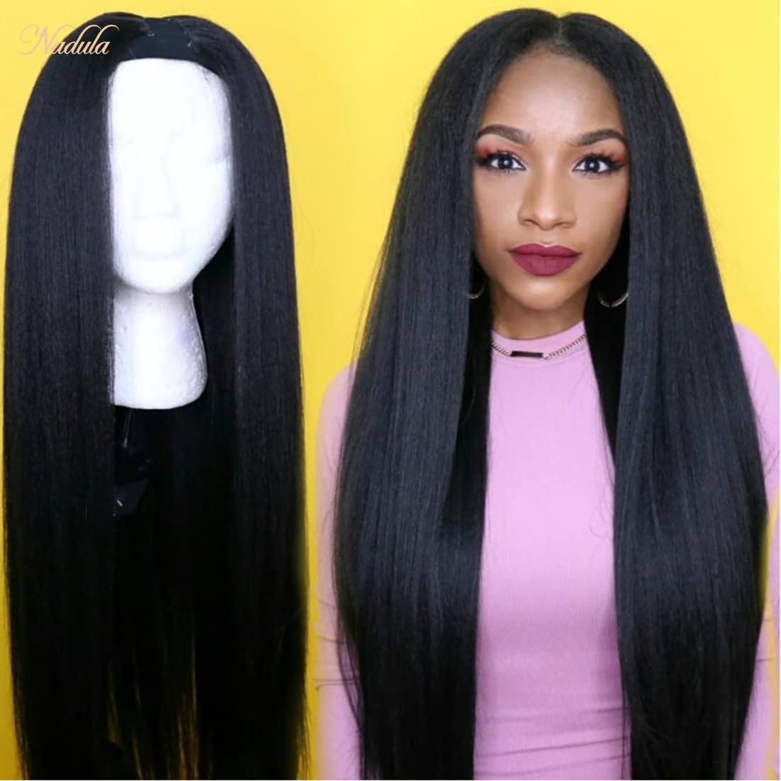 Nadula V Part Wig Yaki Straight Human Hair No Leave Out Glueless Upgraded U Part Wigs for Women,10A Yaki Straight V-part Wigs V Shape Clip in Half Wig Ready to Go 150% Density 16inch - Image 7