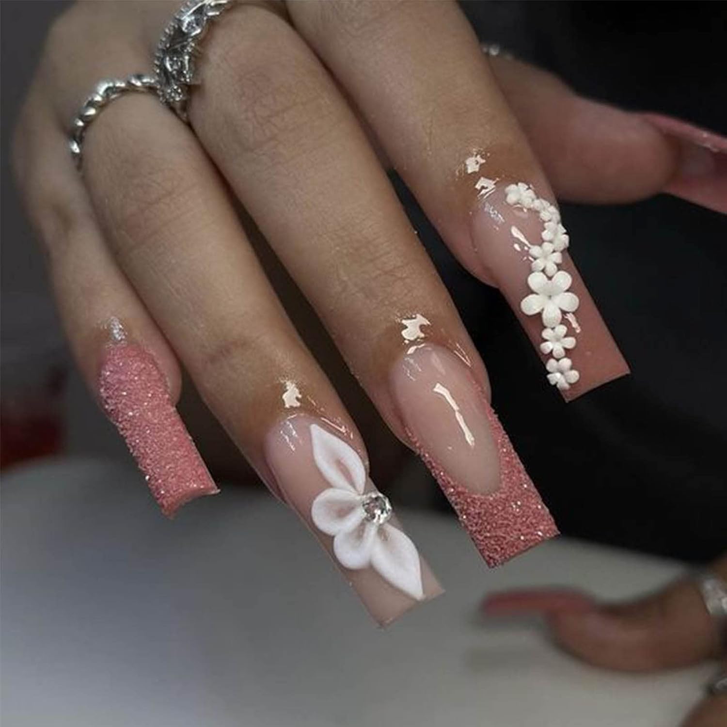 Nail Art Charms 3D Flower Nail Charms for Acrylic Nails White Gold Nail Art Supplies Luxurious Gems Rhinestones Pearls Design Nail Accessories for Women and Girls Nail Decorations. - Image 5