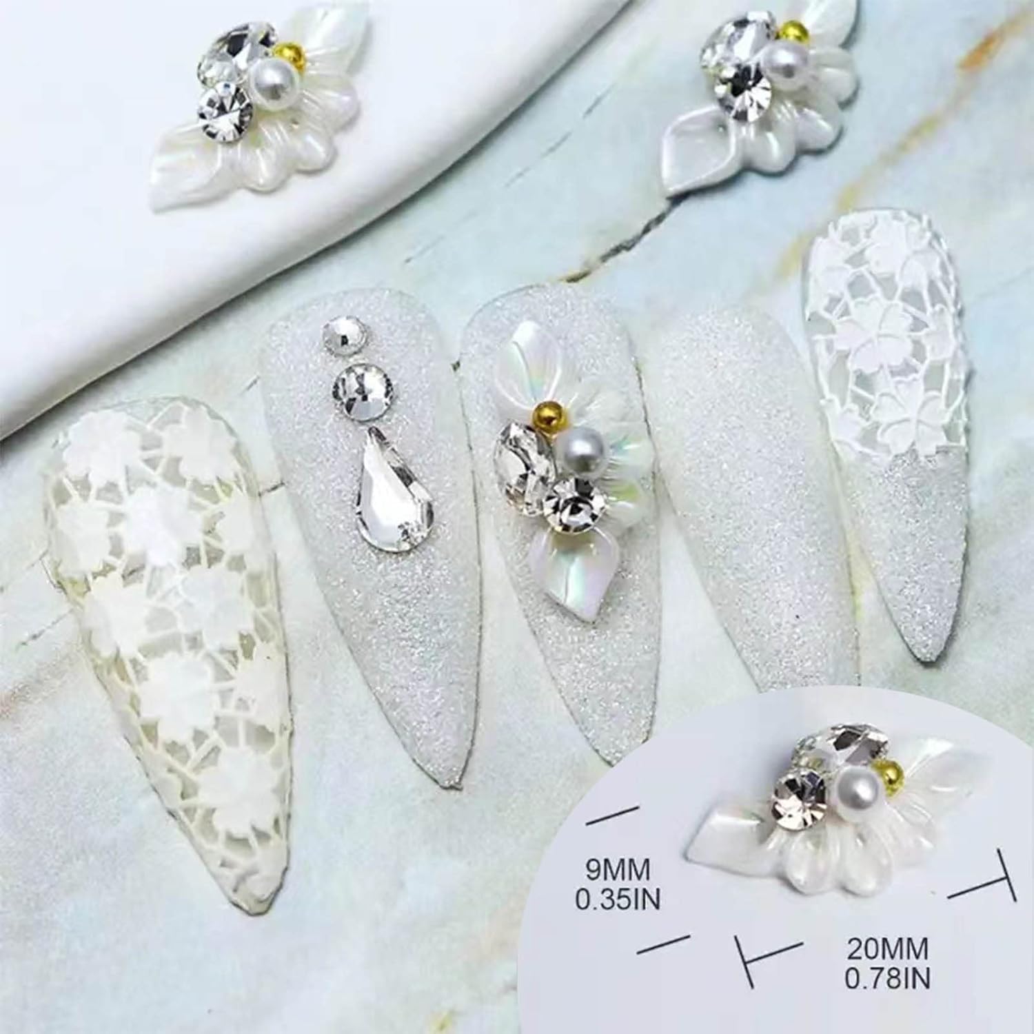 Nail Art Charms 3D Flower Nail Charms for Acrylic Nails White Gold Nail Art Supplies Luxurious Gems Rhinestones Pearls Design Nail Accessories for Women and Girls Nail Decorations. - Image 7