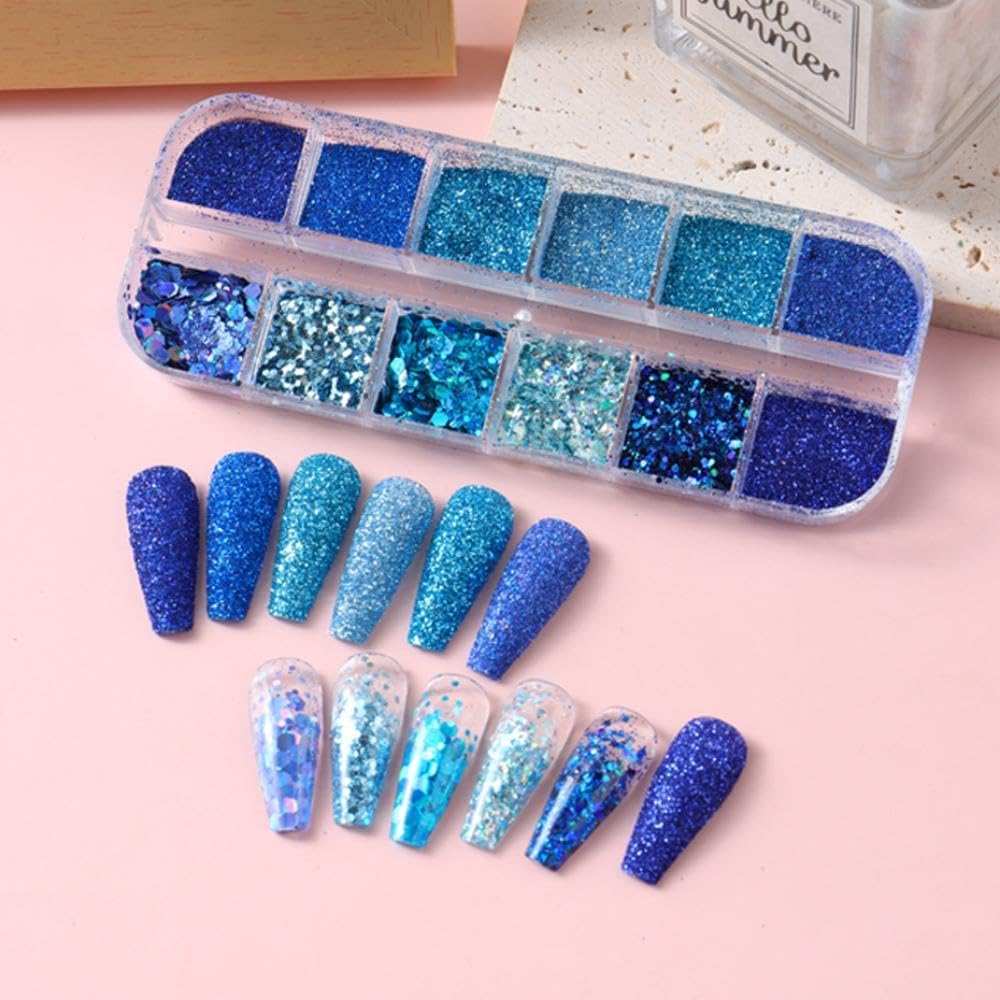 Nail Art Foil Flakes Powder 3D Holographic Nail Art Foil Glitter Sequins Blue Glitter Nails for Women Girls Acrylic Nails DIY Decorations Charms - Image 2