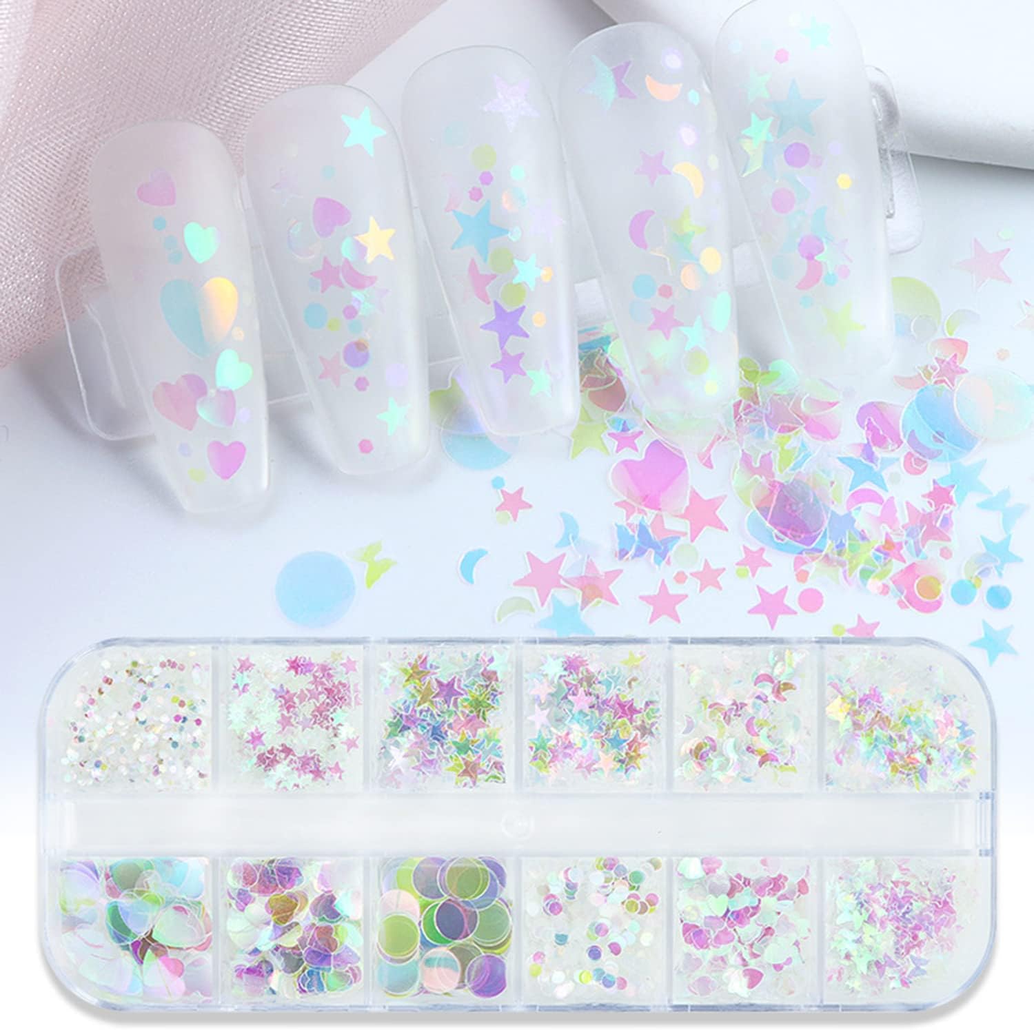 Nail Art Glitter Sequins, 3D Clear Iridescent Ultra-Thin Nail Art Glitter Flakes Designs, Mermaid Love Heart Butterfly Star Moon Round Shapes Nail Glitter Slices for Women Manicure Charms Decorations