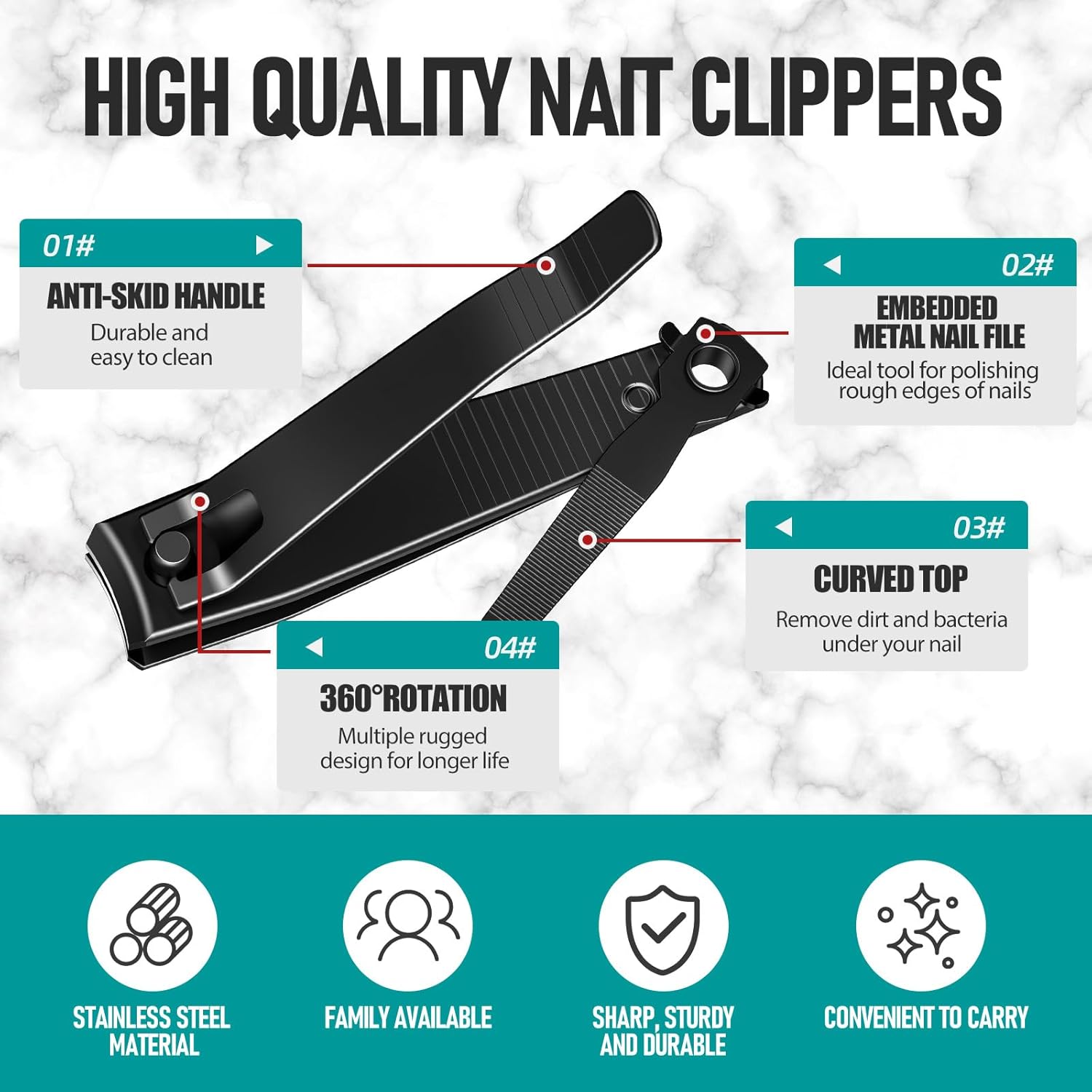 Nail Clippers Set, Heavy Duty Black Matte Stainless Steel nail Clipper with Nail File,Fingernail and Toenail Clipper Cutters, Nail Clipper Tools for Men & Women,Christmas Best Gift Tin Case - Image 3