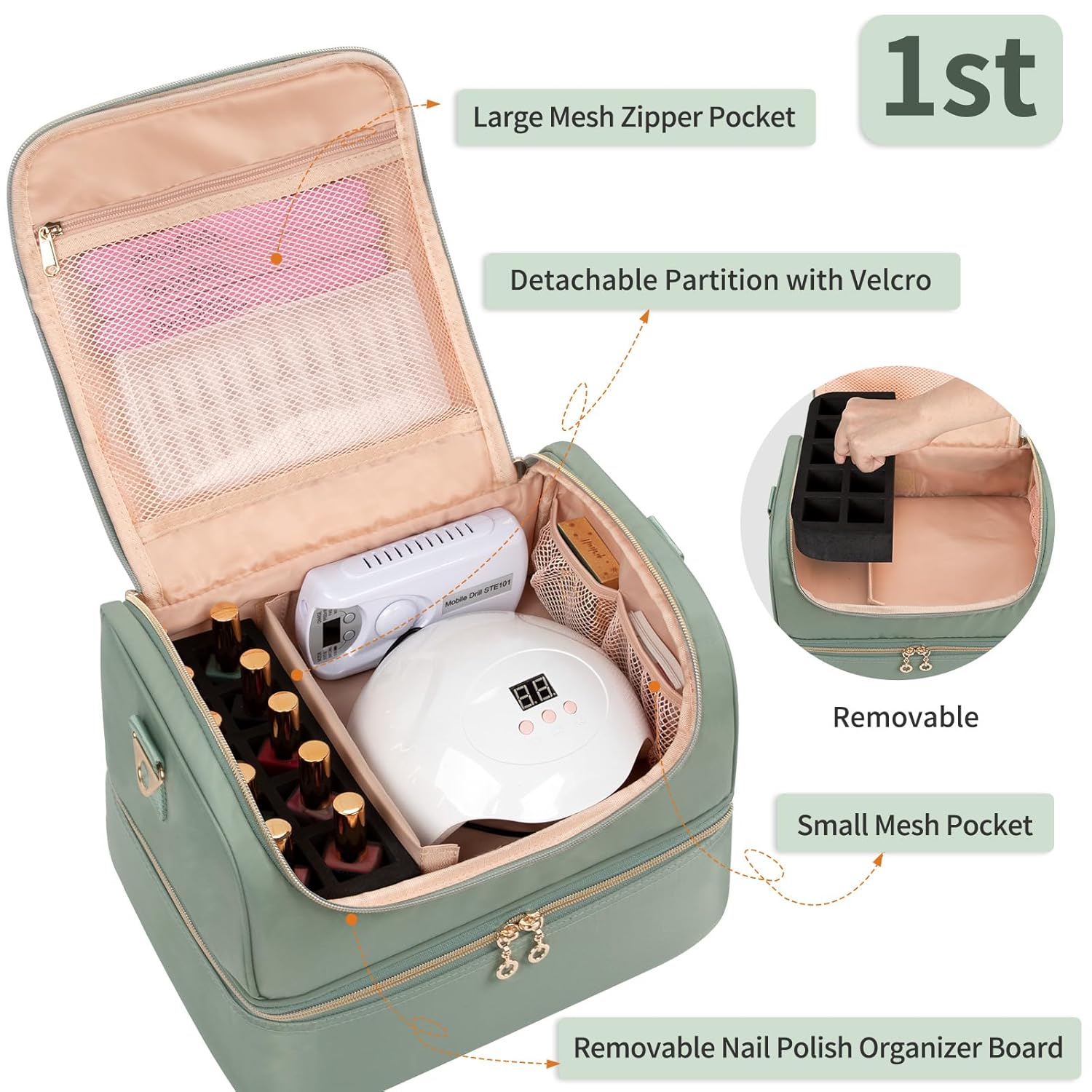 Nail Polish Organizer Case, Nail Supplies Storage Box Holds 45 Bottles Nail Polish & Nail Lamp, Travel Nail Tech Carrying Case, Nail Kit Bag For Nail Stuff & Manicure Tools - Image 2