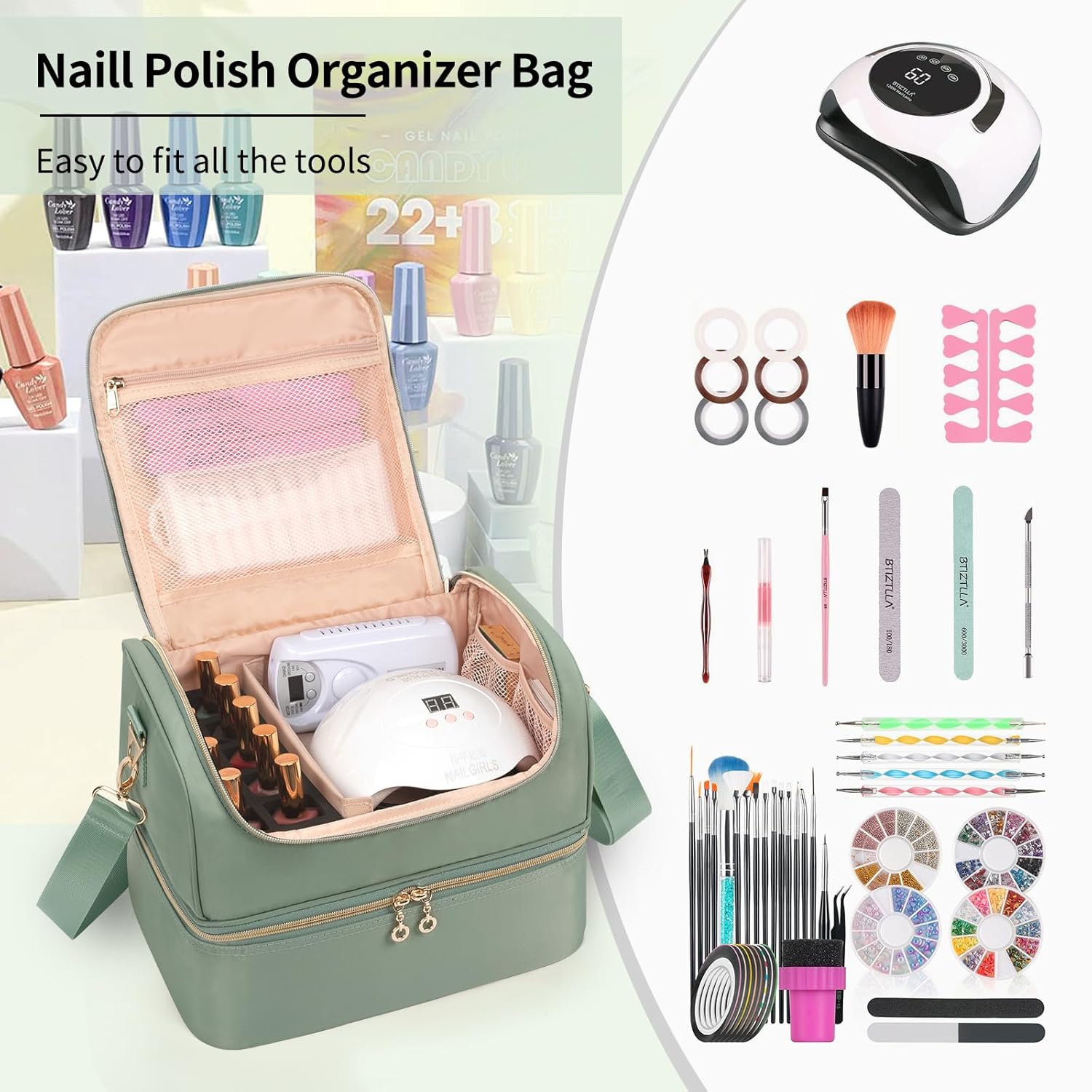 Nail Polish Organizer Case, Nail Supplies Storage Box Holds 45 Bottles Nail Polish & Nail Lamp, Travel Nail Tech Carrying Case, Nail Kit Bag For Nail Stuff & Manicure Tools - Image 6