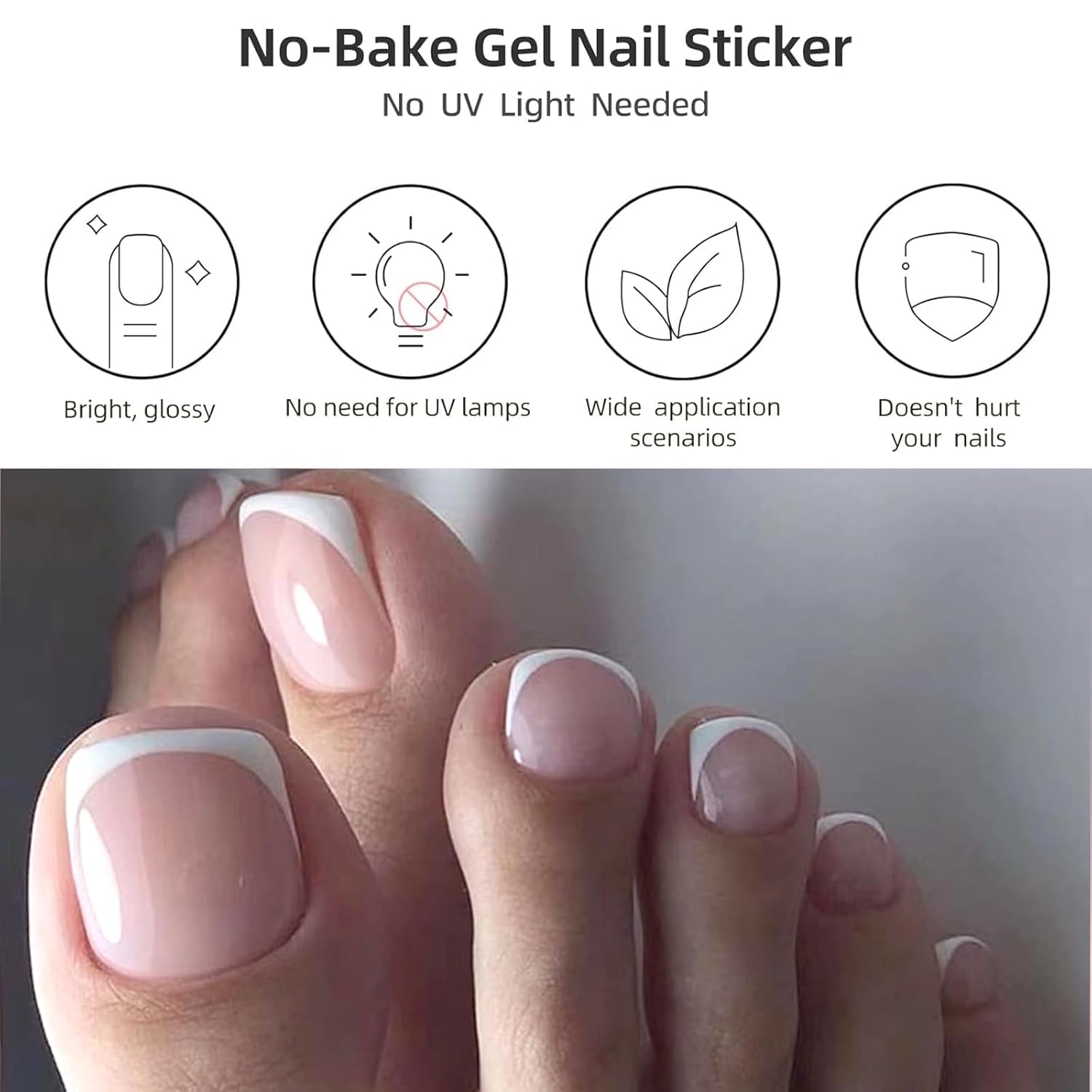 Nail Polish Strips for Toes, No UV Needed, Toe Nail Stickers White French Toenail Gel Nail Strips Pedicure Full Nail Wraps for Women with 1 Wooden Stick, 1 Nail File & 2 Prep Pad - Image 3