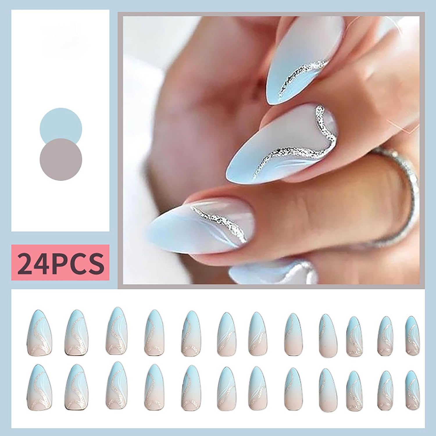 Nail Press ons Almond Press on Nails Medium Fake Nails Blue Ombre Acrylic False Nails with Silver Ripple Line Designs Glitter Artificial Nails Spring Glossy Stick on Nails for Women 24Pcs - Image 4