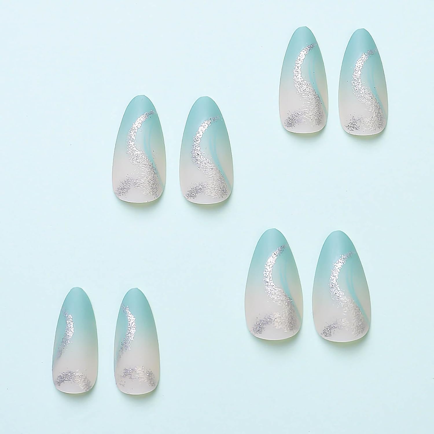 Nail Press ons Almond Press on Nails Medium Fake Nails Blue Ombre Acrylic False Nails with Silver Ripple Line Designs Glitter Artificial Nails Spring Glossy Stick on Nails for Women 24Pcs - Image 2