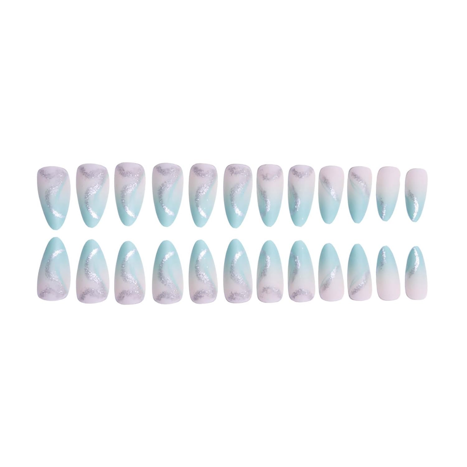 Nail Press ons Almond Press on Nails Medium Fake Nails Blue Ombre Acrylic False Nails with Silver Ripple Line Designs Glitter Artificial Nails Spring Glossy Stick on Nails for Women 24Pcs - Image 3