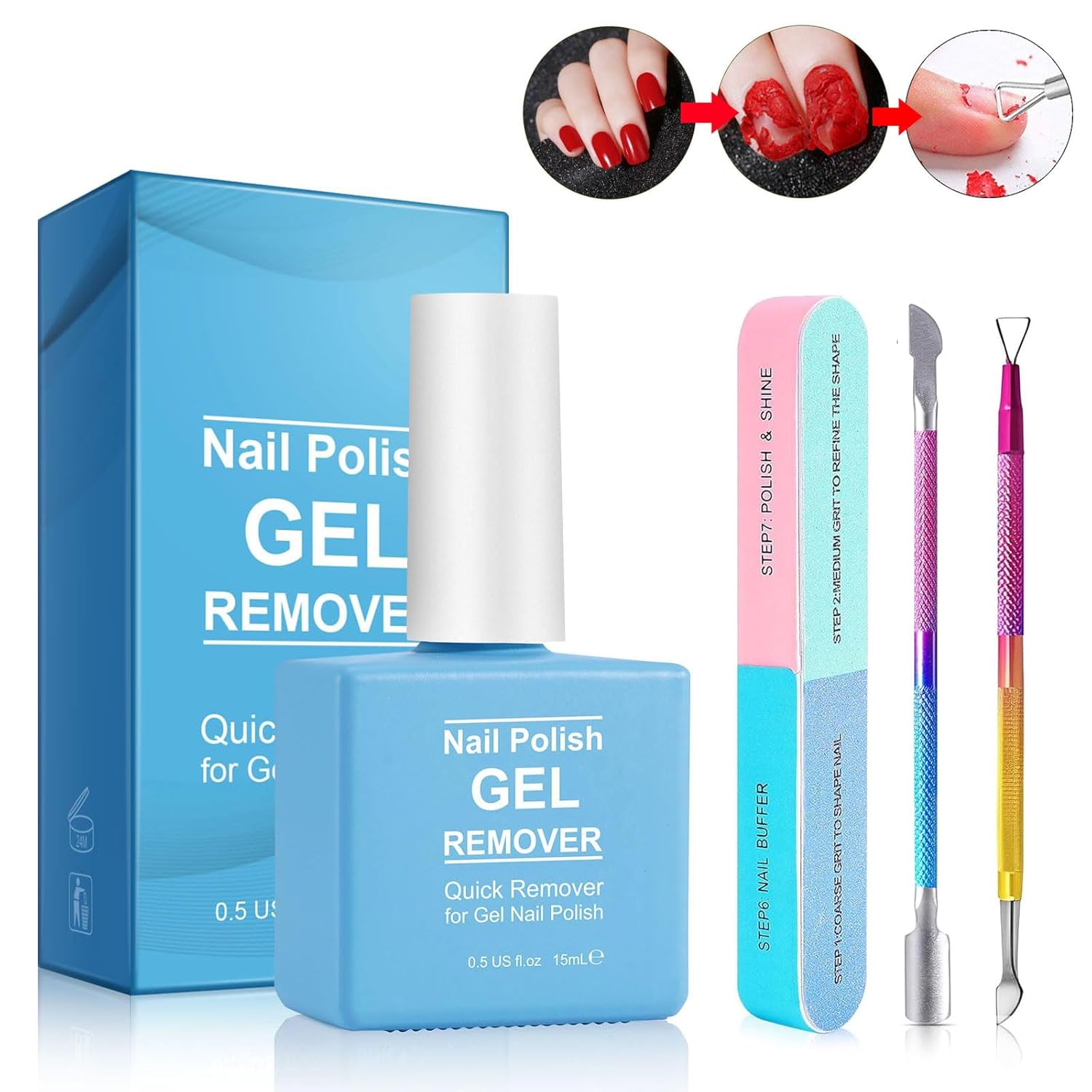 Gel Nail Polish Remover with Shape 'N' Buff Nail Buffer & Cuticle Pusher in 2-5mins, Simple Easy Gel Nail Polish Remover Set (colorful set#1)