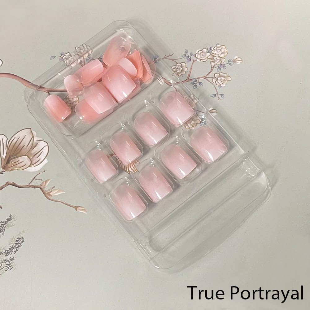 Nails Press ons,White Ombre Short Square Press on Nails Fake Nails Glossy Acrylic Artificial Nails Stick on Nails for Women 24Pcs - Image 2