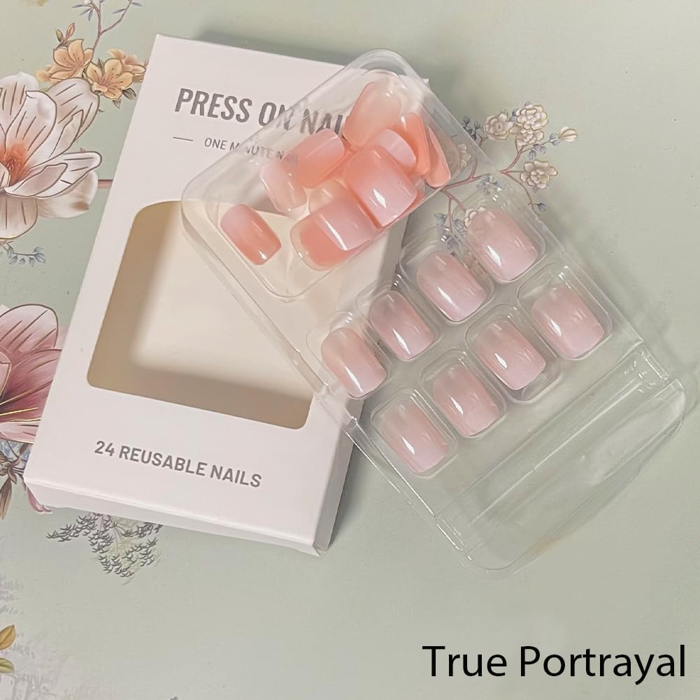 Nails Press ons,White Ombre Short Square Press on Nails Fake Nails Glossy Acrylic Artificial Nails Stick on Nails for Women 24Pcs - Image 3