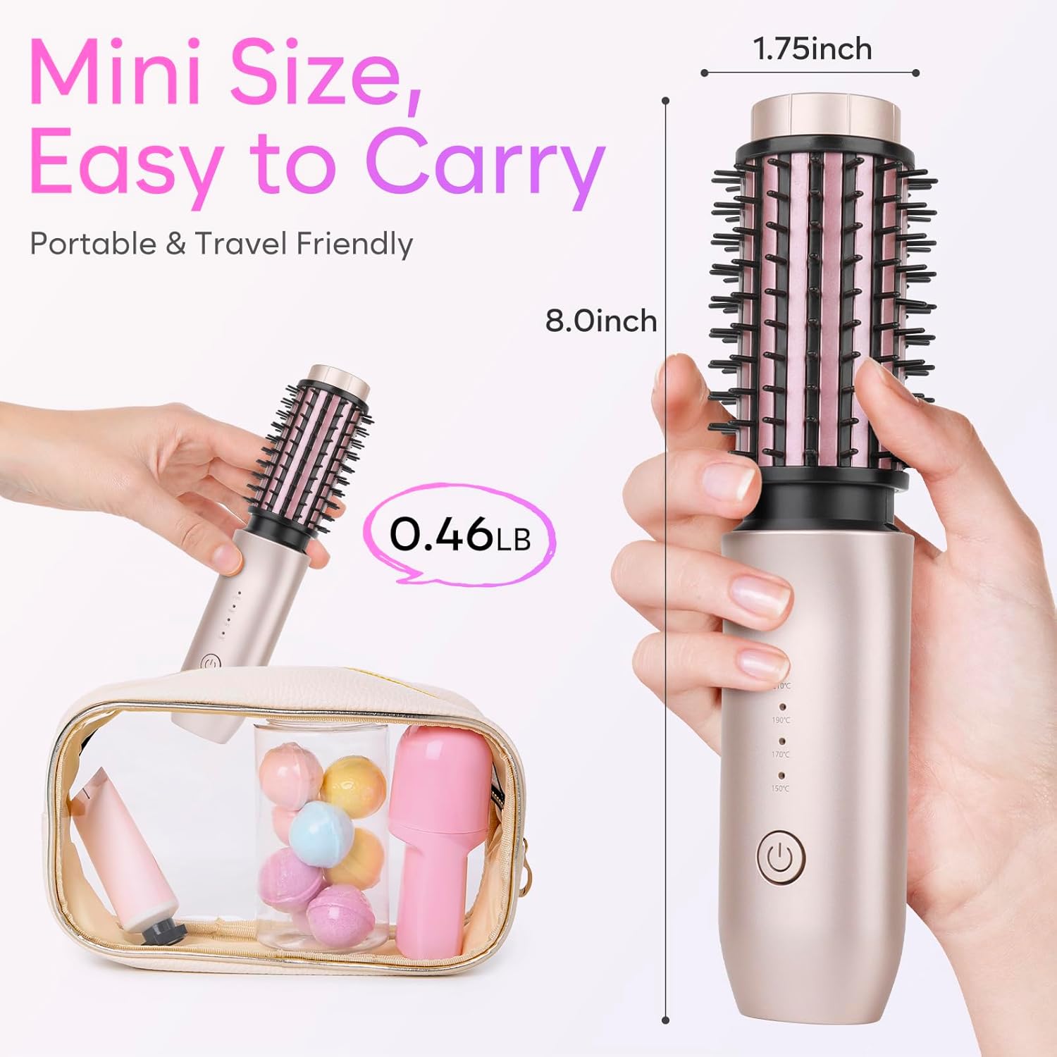 New Portable Mini Curling Iron brush with 7000mAh USB Rechargeable Curling Wand, Negative Ion, Pink TRAVEL KIT - Image 6
