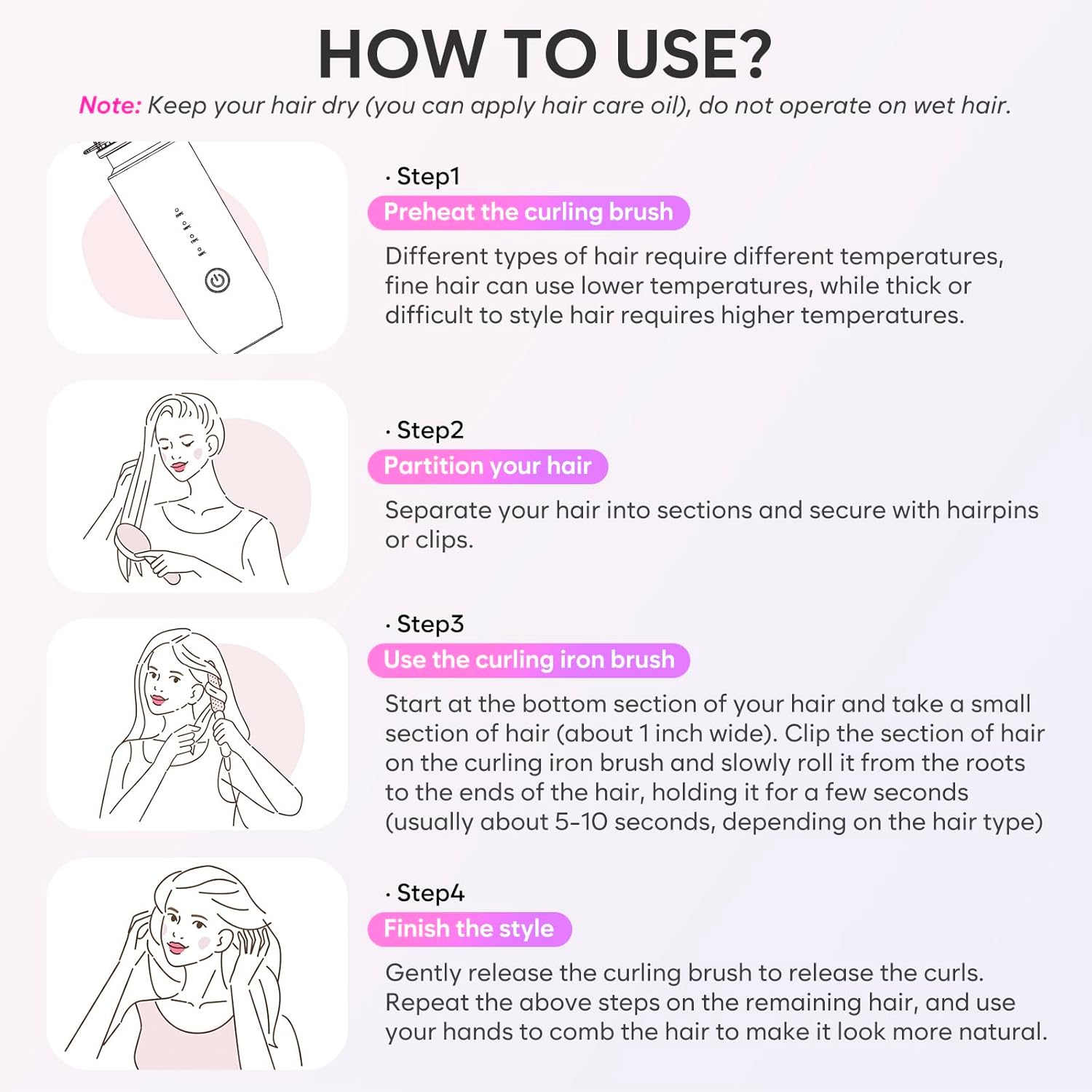 New Portable Mini Curling Iron brush with 7000mAh USB Rechargeable Curling Wand, Negative Ion, Pink TRAVEL KIT - Image 5