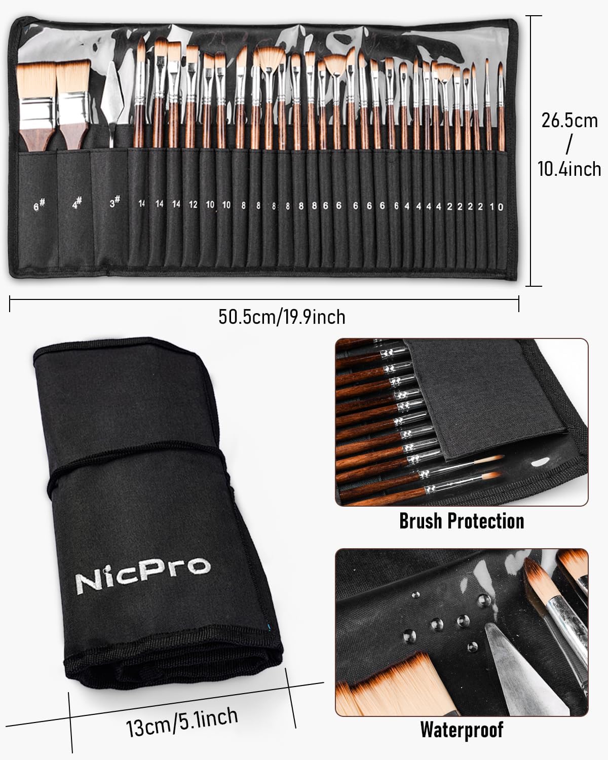 Nicpro 30pcs Paint Brush Set, Professional Paintbrushes with Paint Spatula and Cloth Roll, Craft Paint Brushes for Acrylic Painting, Oil, Watercolor, Gouache, Art Supplies for Artists and Beginners - Image 6