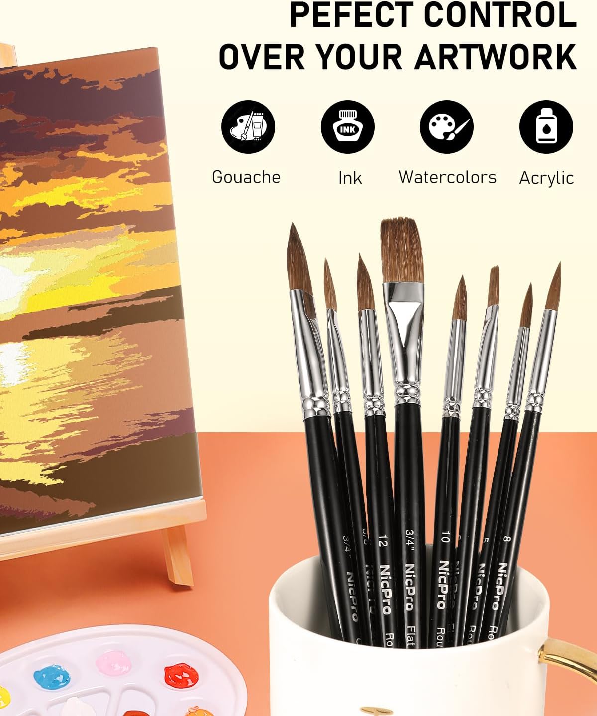 Nicpro Kolinsky Sable Watercolor Brushes, 10PCS Professional Sable Paint Brush Set with Nylon Holder for Watercolor Acrylic Gouache Inks Painting with Flat, Round Pointed, Cat's Tongue Oval Wash - Image 4