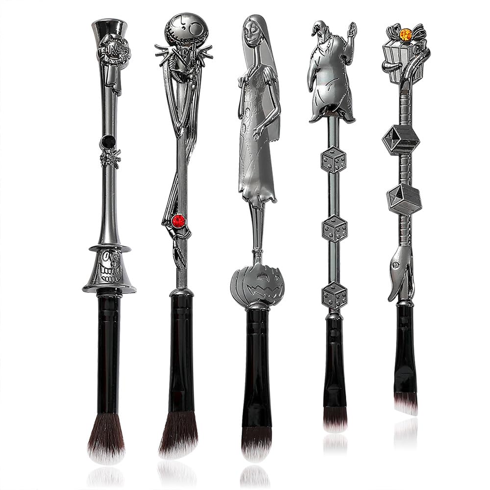 Nightmare Before Christmas Makeup Brushes - 5pcs Corpse Bride Anime Make Up Brush Set Silver Drawstring Bag Included (NEW 5Pcs) - Image 6