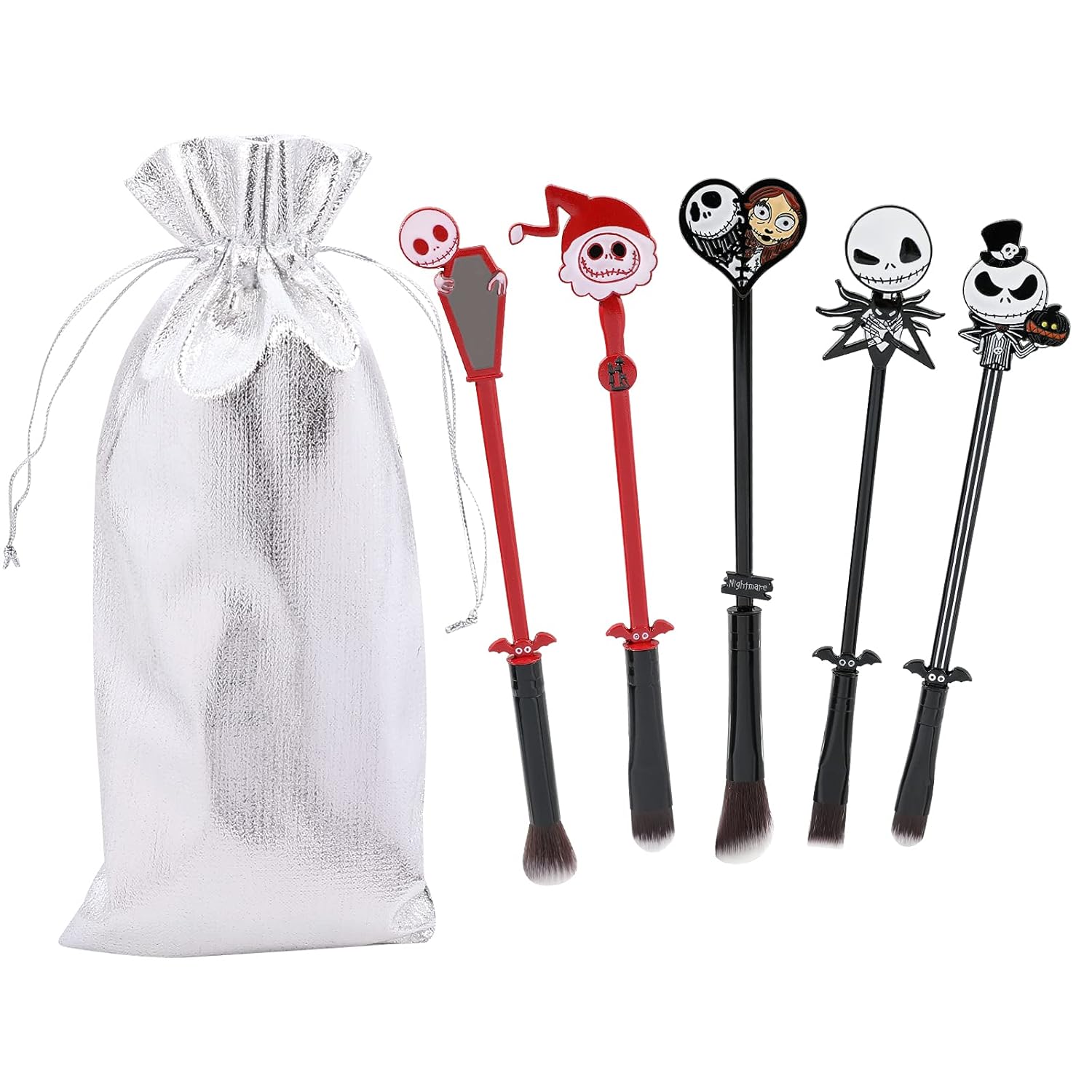 Nightmare Before Christmas Makeup Brushes - 5pcs Corpse Bride Anime Make Up Brush Set Silver Drawstring Bag Included