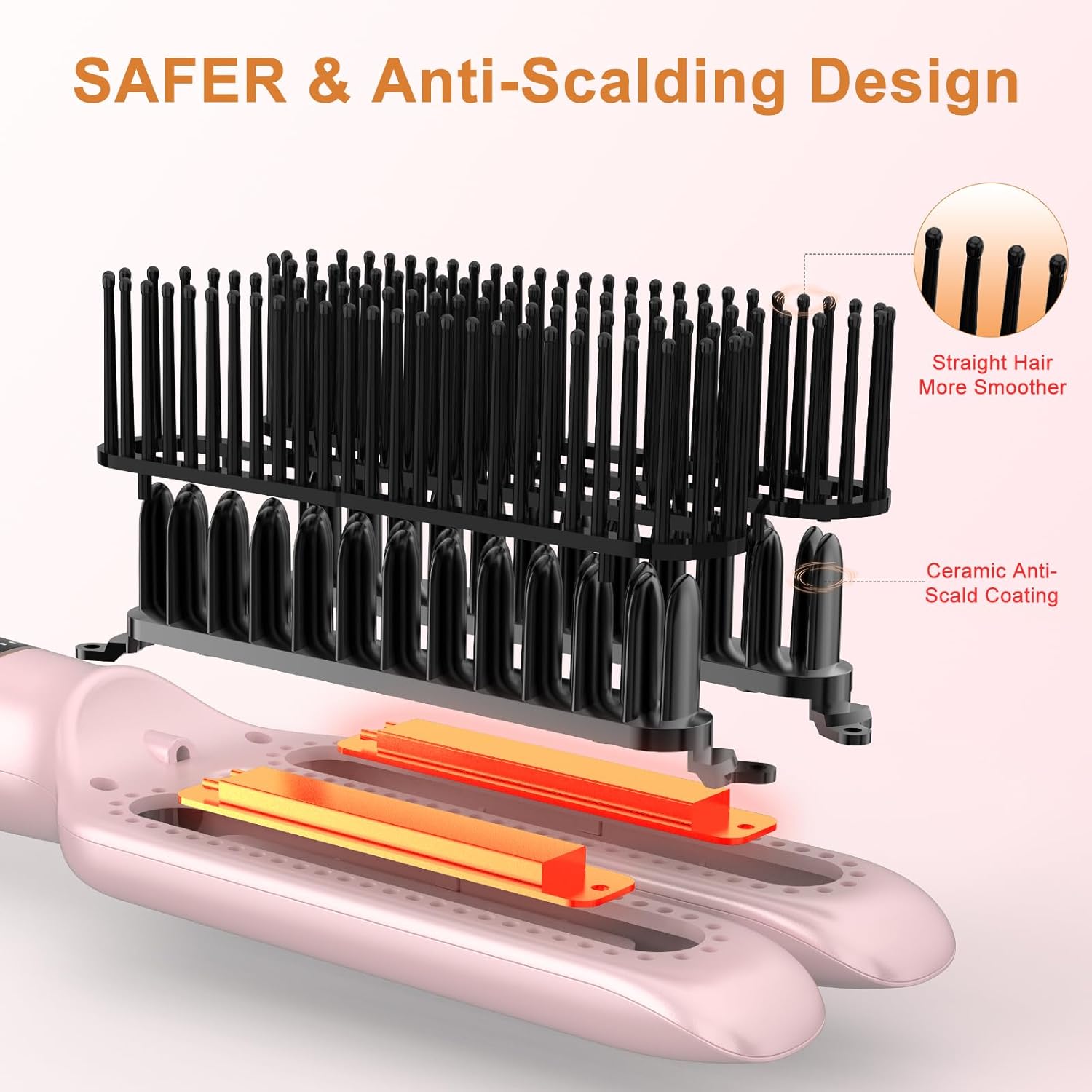 Nimmu Hair Straightener Brush, Hair Straightening Brush Flat Iron for Women with 5 Temps, Ceramic Straightener Comb Fast Heating for Home Salon, Double Heating Plate & Dual Voltage, Pink - Image 3