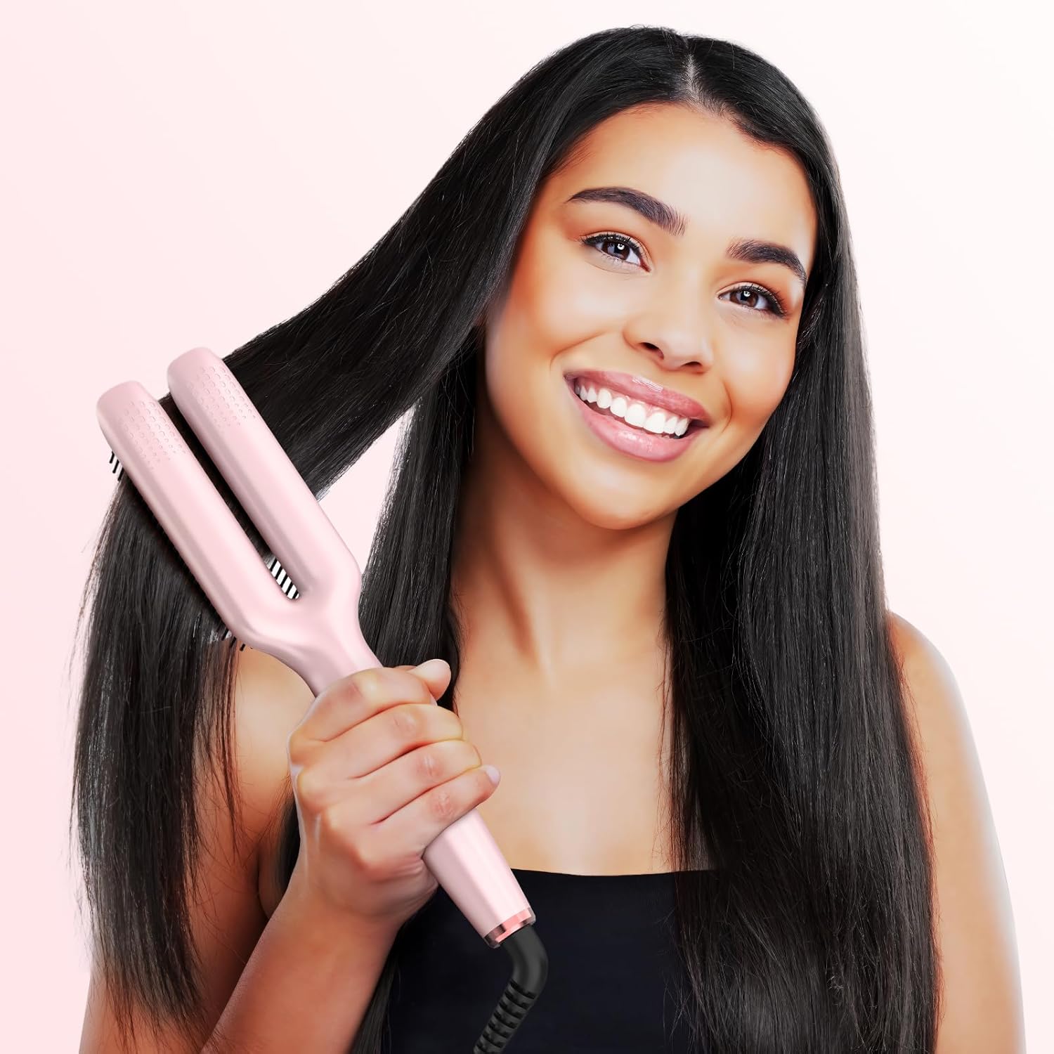 Nimmu Hair Straightener Brush, Hair Straightening Brush Flat Iron for Women with 5 Temps, Ceramic Straightener Comb Fast Heating for Home Salon, Double Heating Plate & Dual Voltage, Pink - Image 8