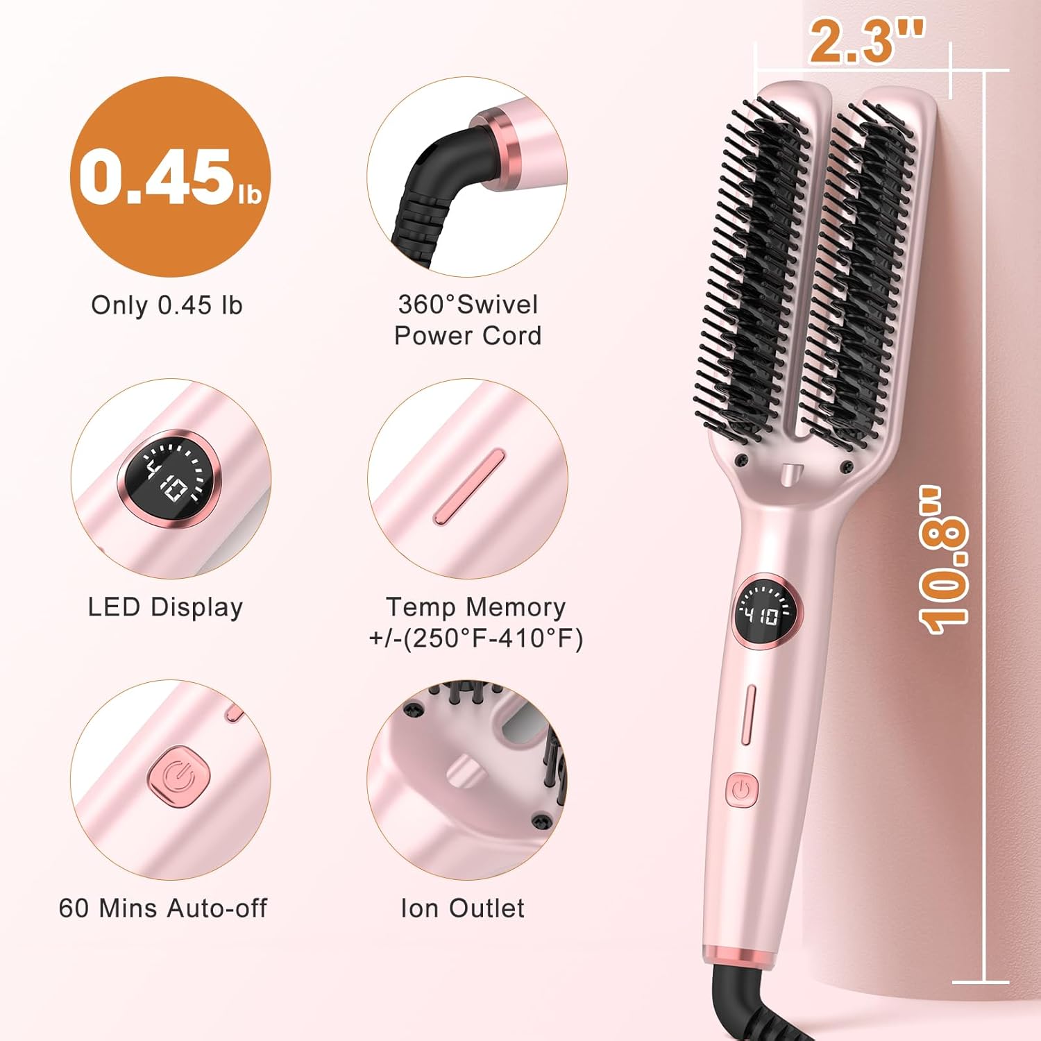Nimmu Hair Straightener Brush, Hair Straightening Brush Flat Iron for Women with 5 Temps, Ceramic Straightener Comb Fast Heating for Home Salon, Double Heating Plate & Dual Voltage, Pink - Image 6