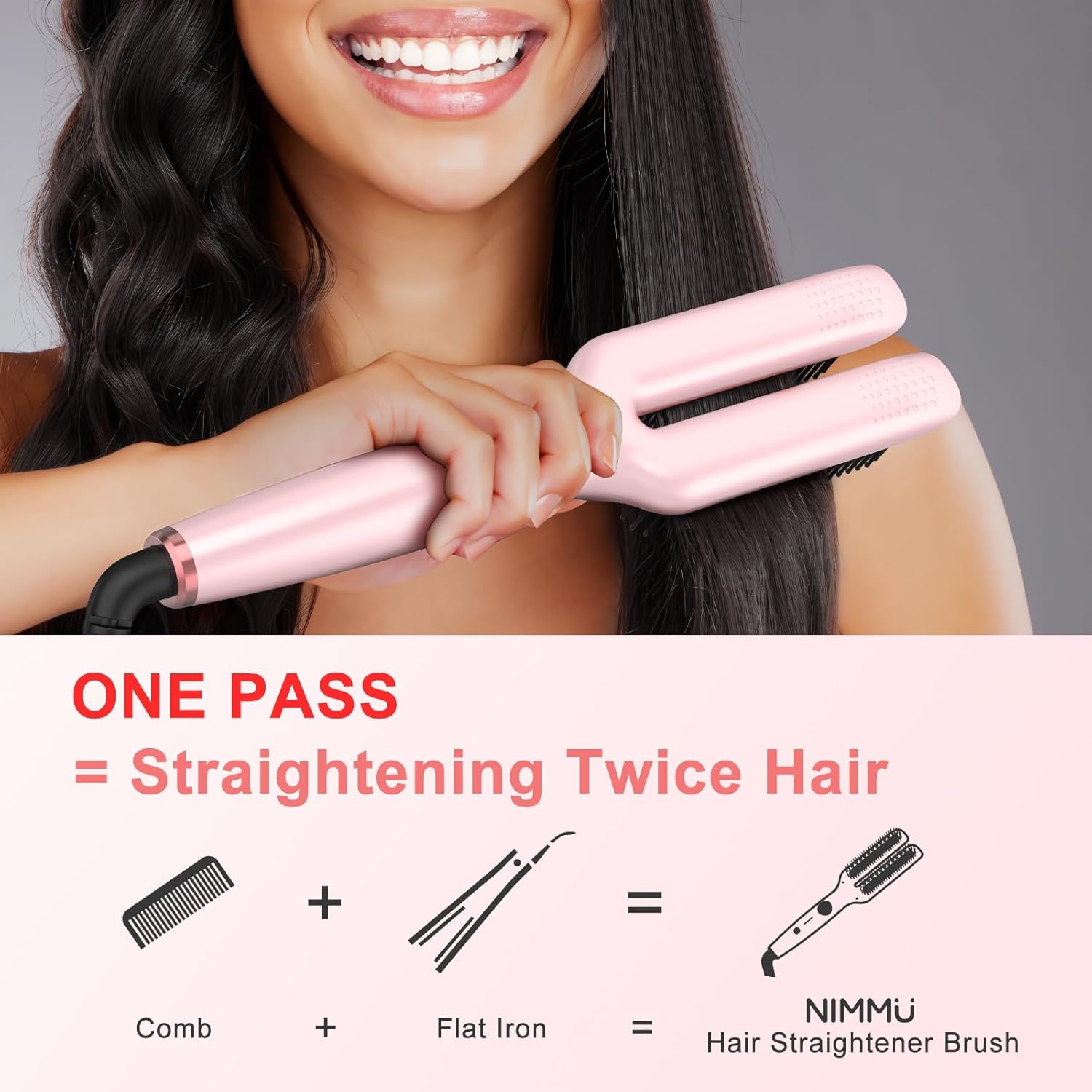 Nimmu Hair Straightener Brush, Hair Straightening Brush Flat Iron for Women with 5 Temps, Ceramic Straightener Comb Fast Heating for Home Salon, Double Heating Plate & Dual Voltage, Pink - Image 2