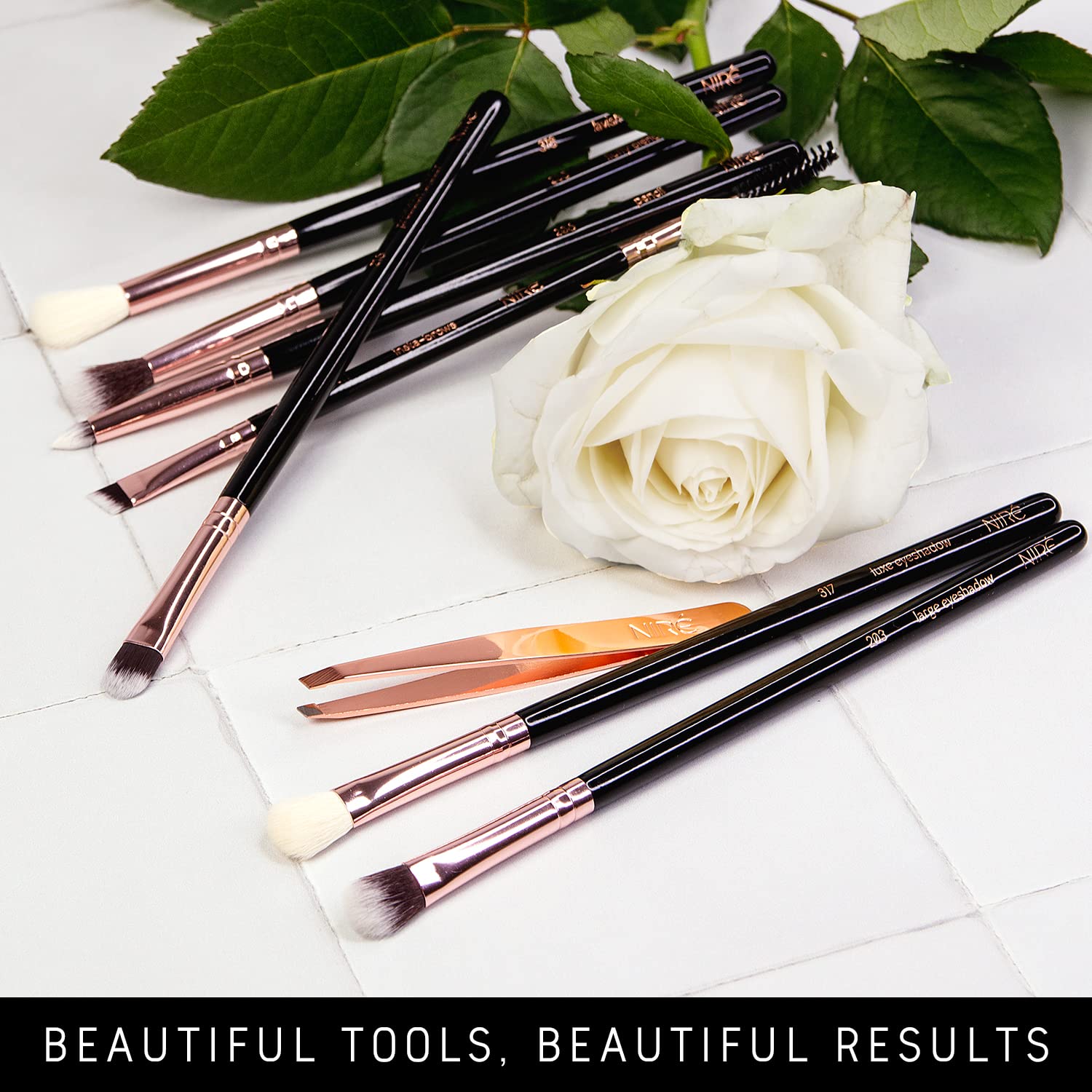 Niré Eye Brush Set - Award Winning Eye Makeup Brushes for Eyes and Brows Including Eye Shadow Brush Set, Eyebrow Brush and Tweezers Rose Gold - Image 8