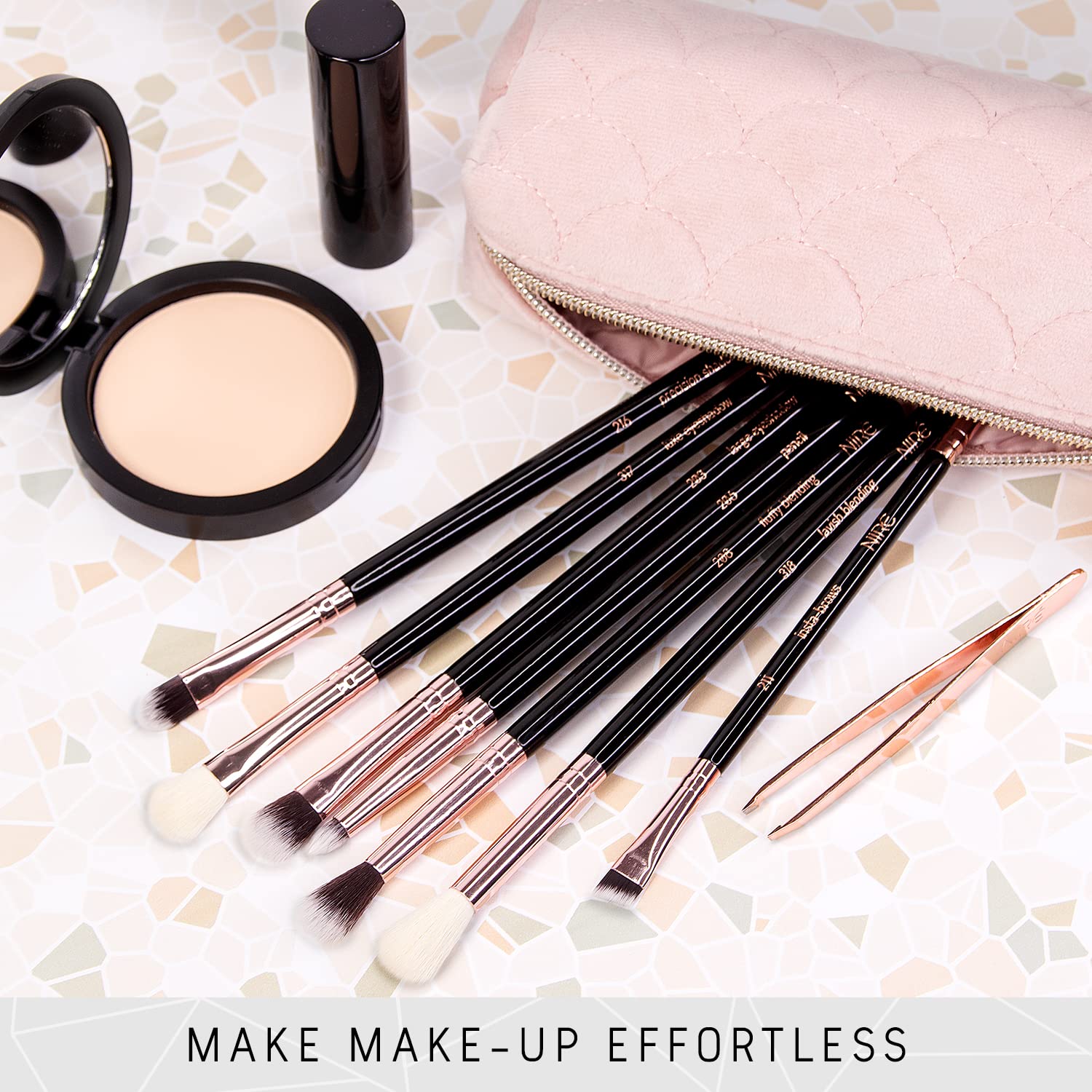 Niré Eye Brush Set - Award Winning Eye Makeup Brushes for Eyes and Brows Including Eye Shadow Brush Set, Eyebrow Brush and Tweezers Rose Gold - Image 6