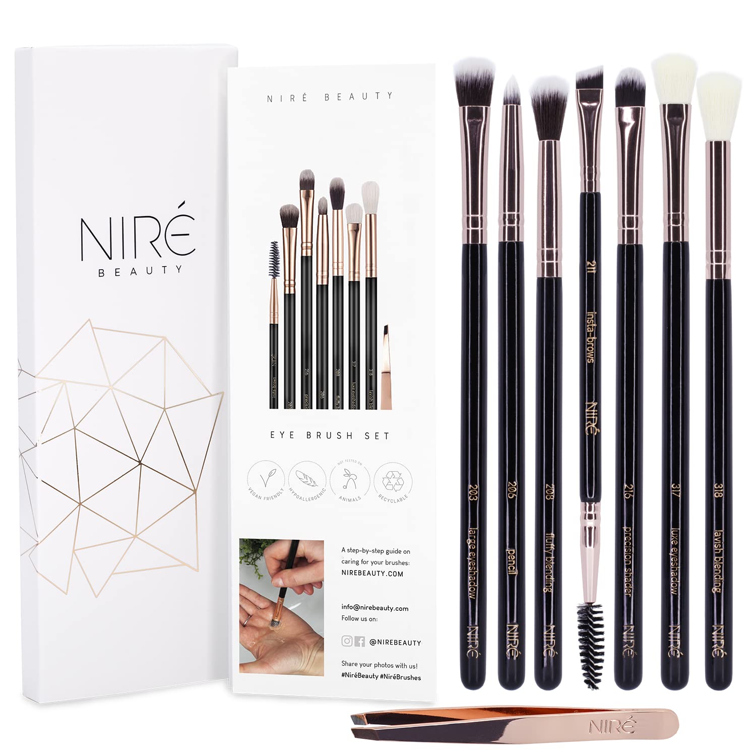 Niré Eye Brush Set - Award Winning Eye Makeup Brushes for Eyes and Brows Including Eye Shadow Brush Set, Eyebrow Brush and Tweezers Rose Gold