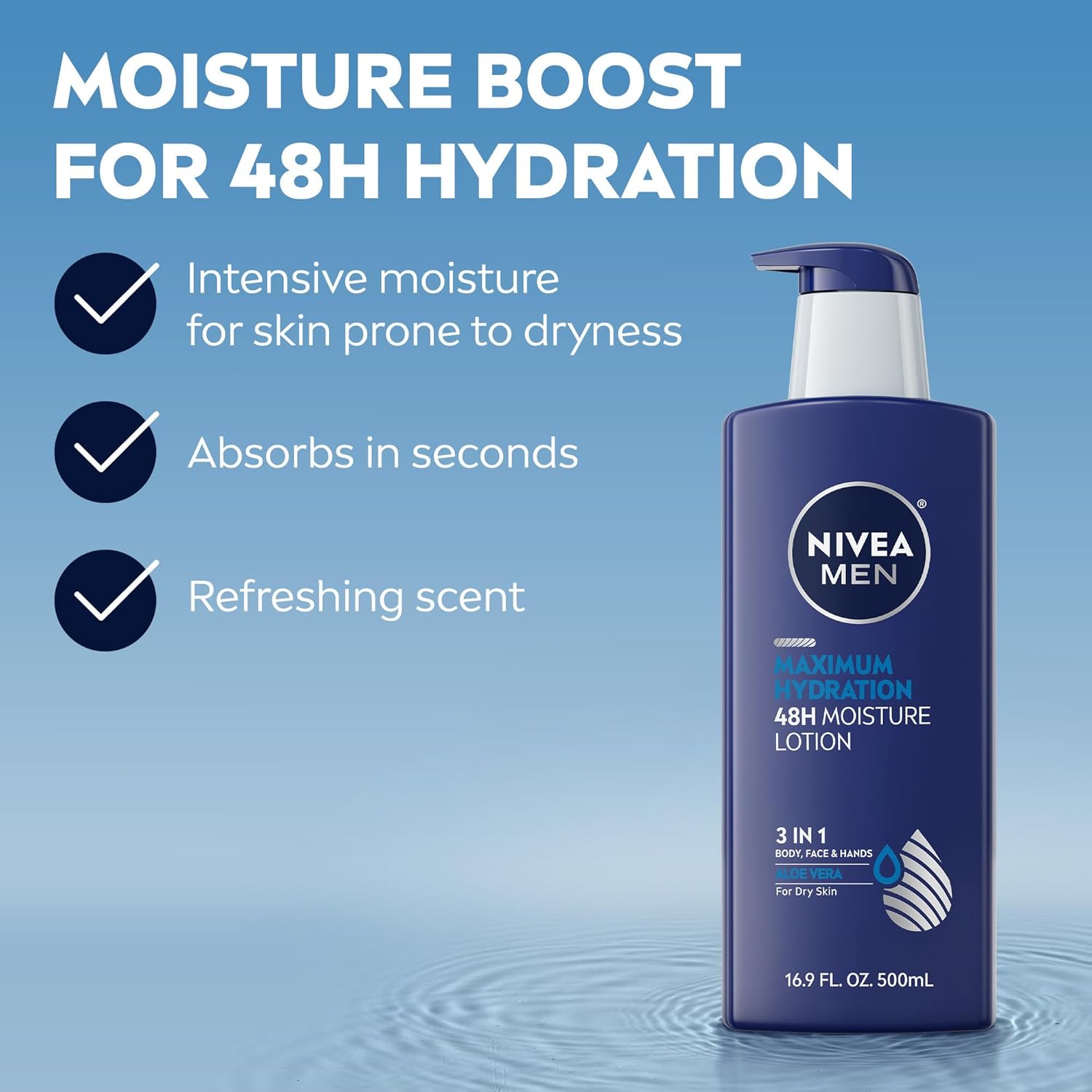 NIVEA MEN Maximum Hydration 48-Hour Moisture Body Lotion for Dry Skin, Aloe Vera Lotion for Men, 3-in-1 Body, Face and Hands, Dermatologically-Tested, 16.9 Fl Oz Bottle - Image 3