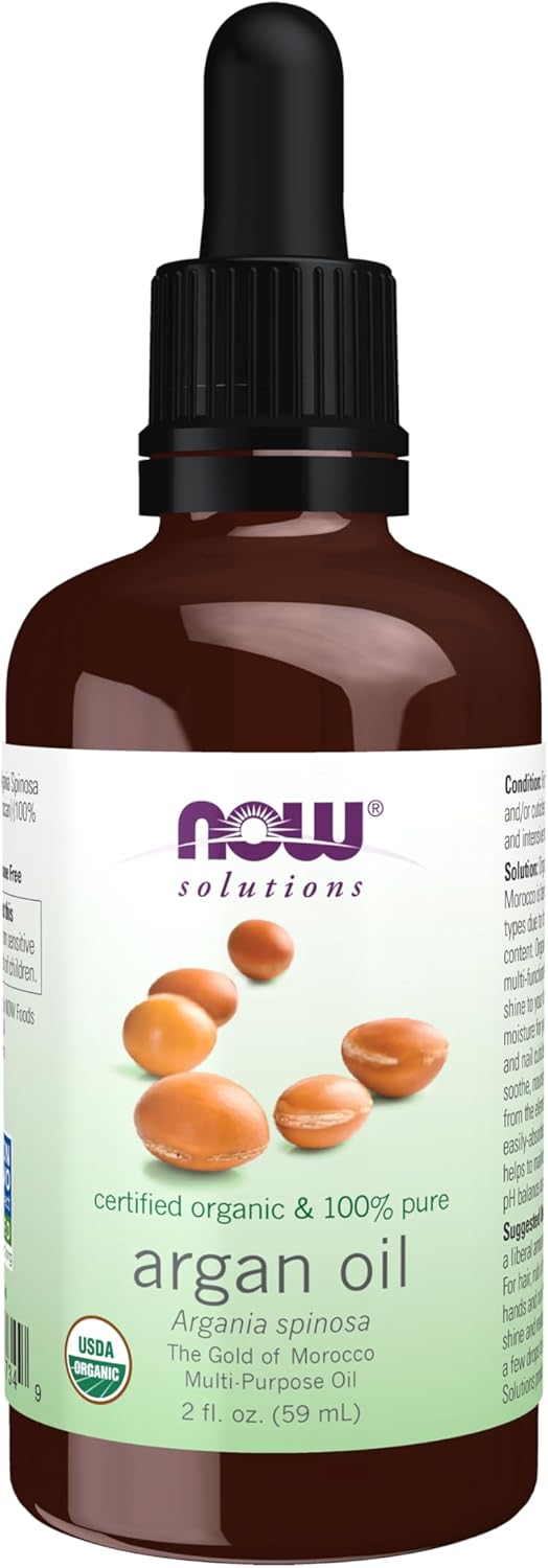 NOW Foods Solutions, Organic Argan Oil, Certified Organic and 100% Pure, "Gold of Morocco" Multi-Purpose Oil, 2-Ounce