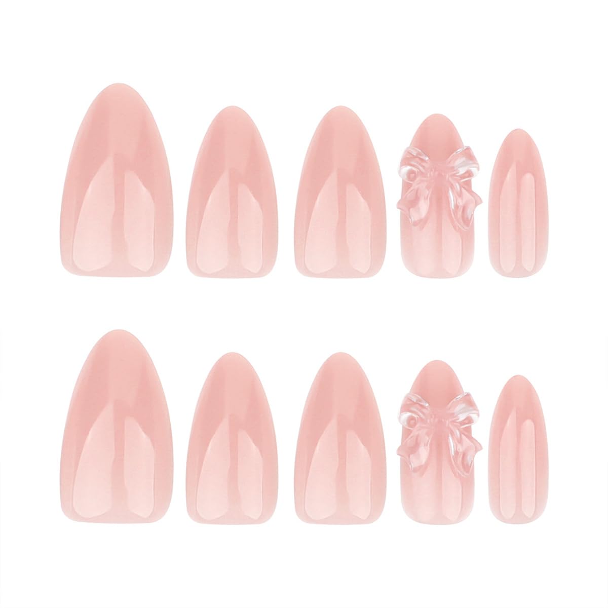 Nude Pink Press on Nails Short Almond Fake Nails Holiday False Nails with 3D Clear Bow Designs Cute Charms Acrylic Stick on Nails Full Cover Glue on Nails Holiday DIY for Women Girls 24Pcs - Image 5