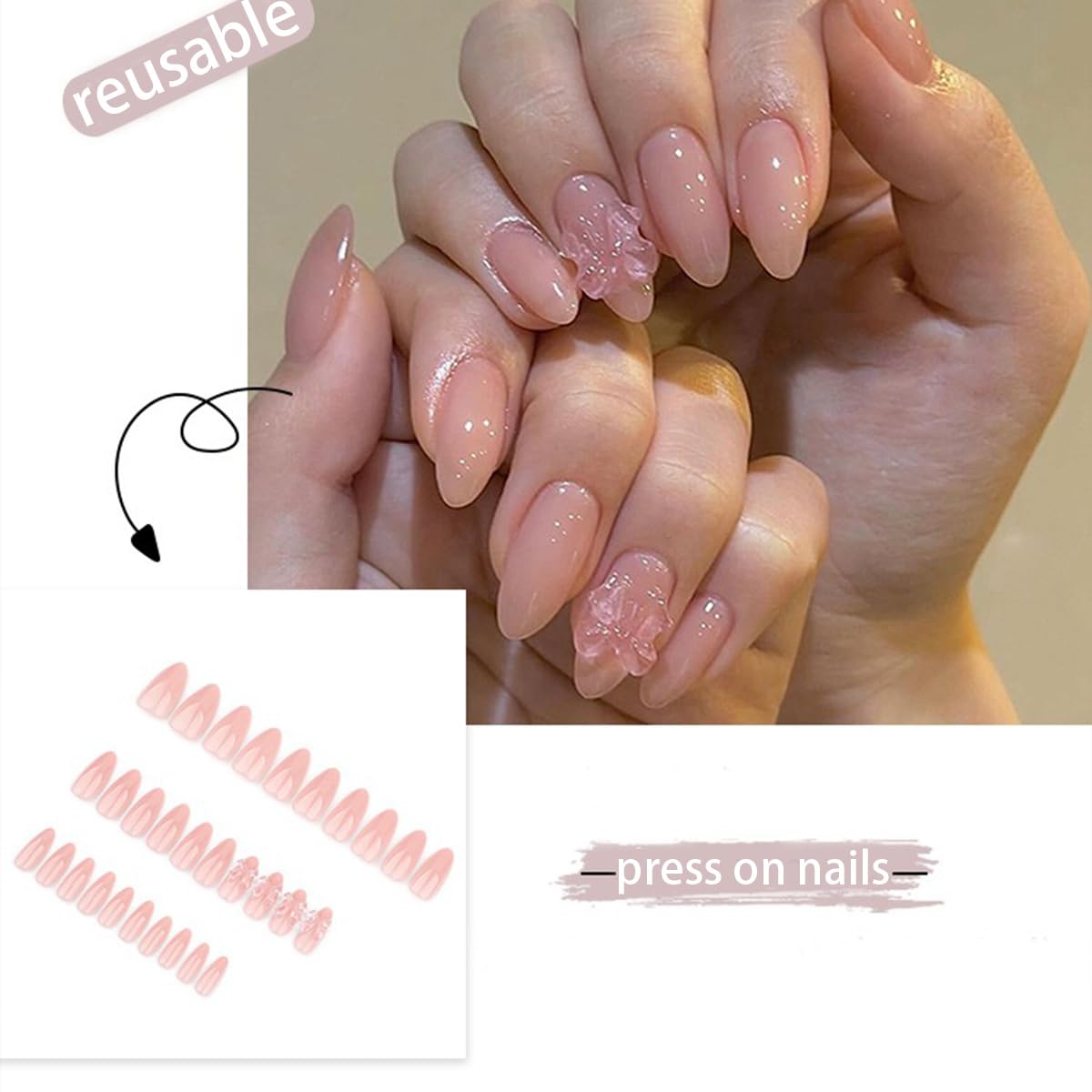 Nude Pink Press on Nails Short Almond Fake Nails Holiday False Nails with 3D Clear Bow Designs Cute Charms Acrylic Stick on Nails Full Cover Glue on Nails Holiday DIY for Women Girls 24Pcs - Image 2
