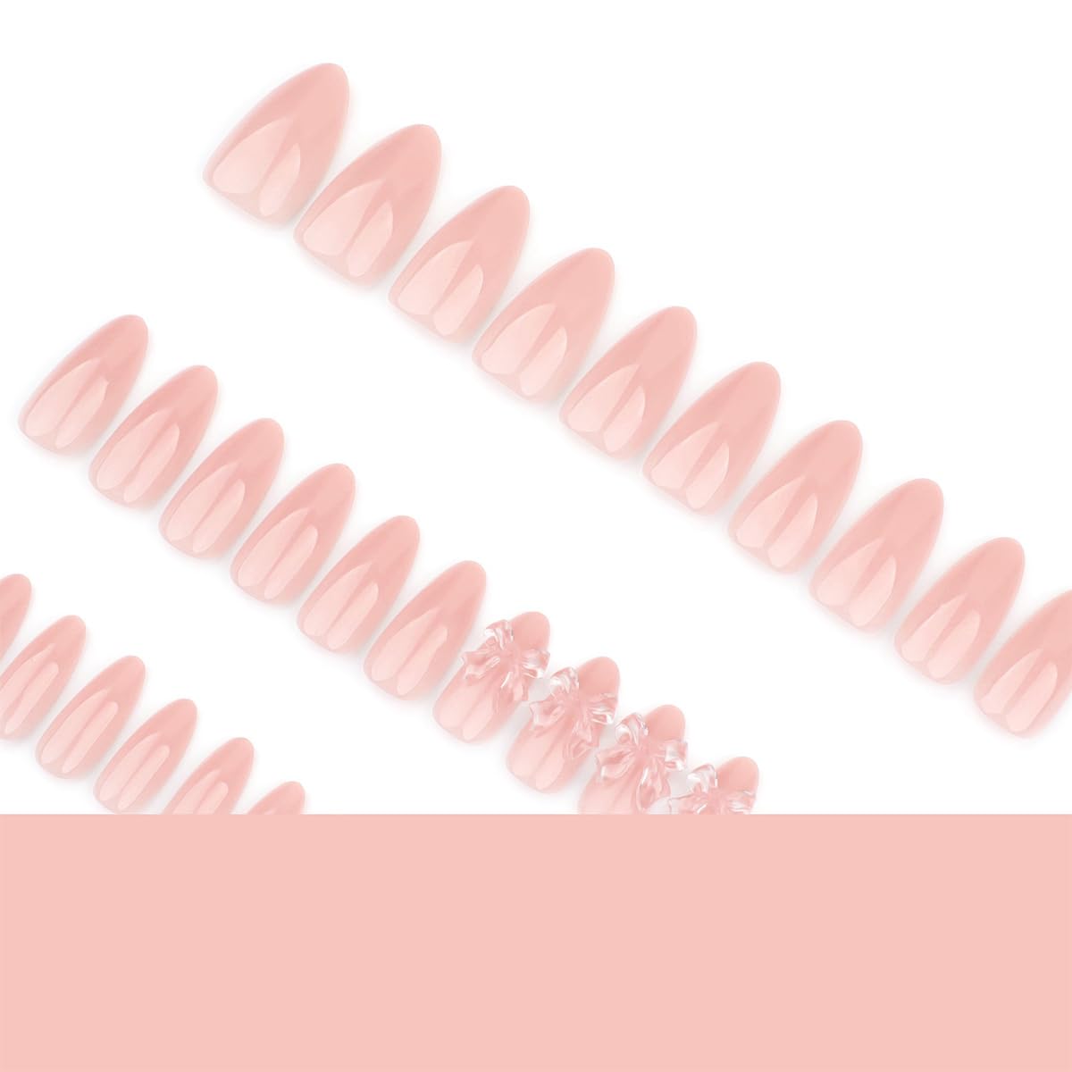 Nude Pink Press on Nails Short Almond Fake Nails Holiday False Nails with 3D Clear Bow Designs Cute Charms Acrylic Stick on Nails Full Cover Glue on Nails Holiday DIY for Women Girls 24Pcs - Image 4