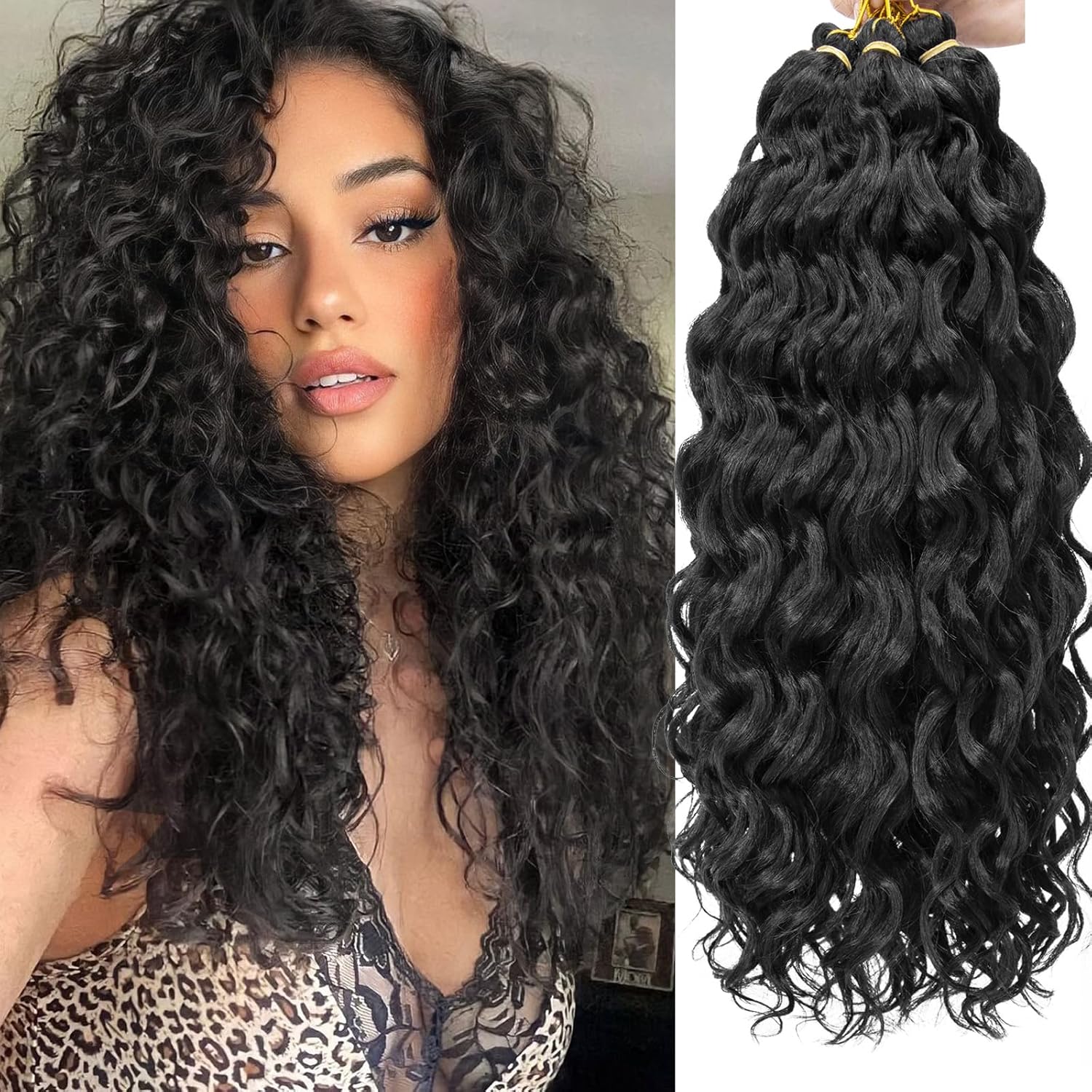 Ocean Wave Crochet Hair 18inch Deep Wave Curly Crochet Hair For Women 6Packs Hawaii Curly Braiding Hair Synthetic Bohemian Crochet Braid Water Wave Crochet hair Extensions (18inch, 1B)
