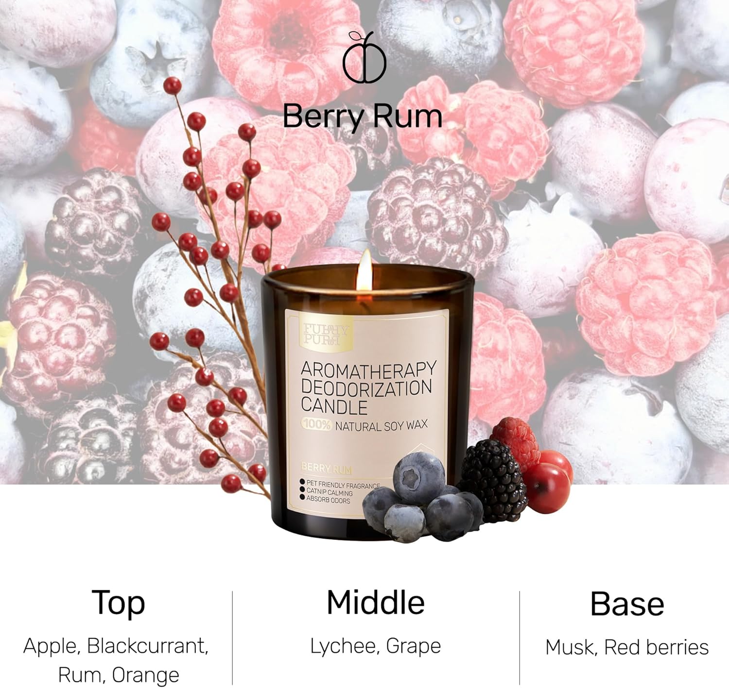 Odor Eliminating Candle, Berry Rum Scented Candle, Pet-Friendly Soy Candles, 60 Hours, 7 oz - Image 2