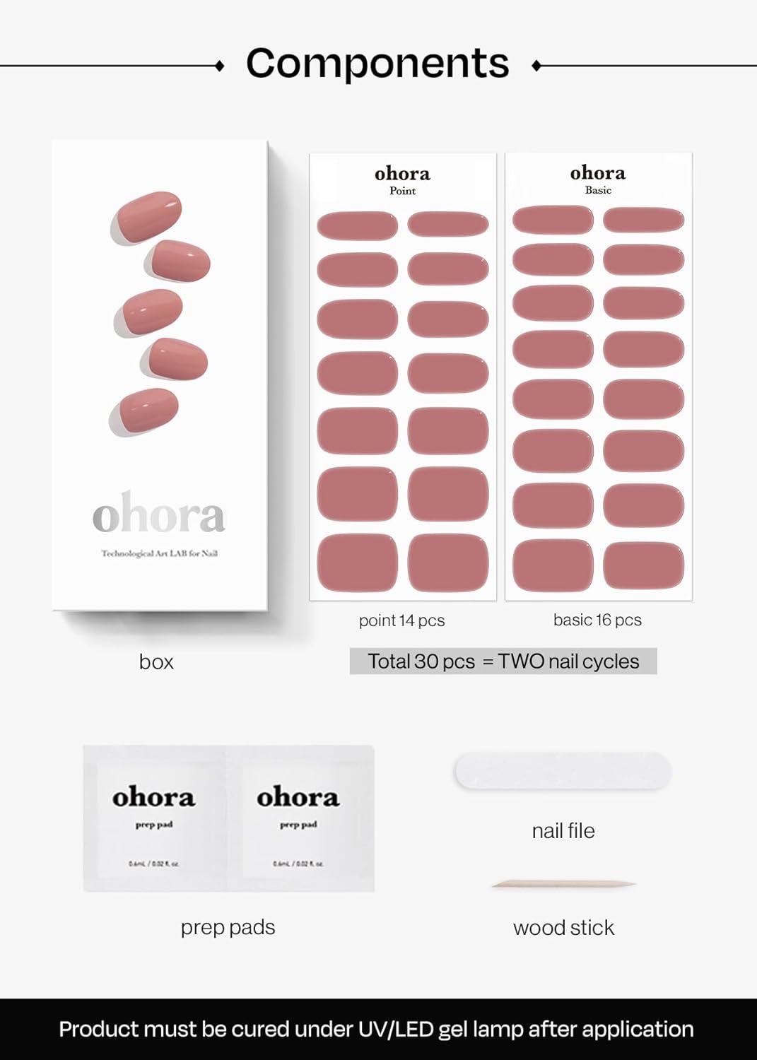 ohora Semi Cured Gel Nail Strips (N Ash Pink) - Pink, Solid, Works with Any UV/LED Lamps, Salon-Quality, Long Lasting, Easy to Apply & Remove - Includes 2 Prep Pads, Nail File & Wooden Stick - Image 6