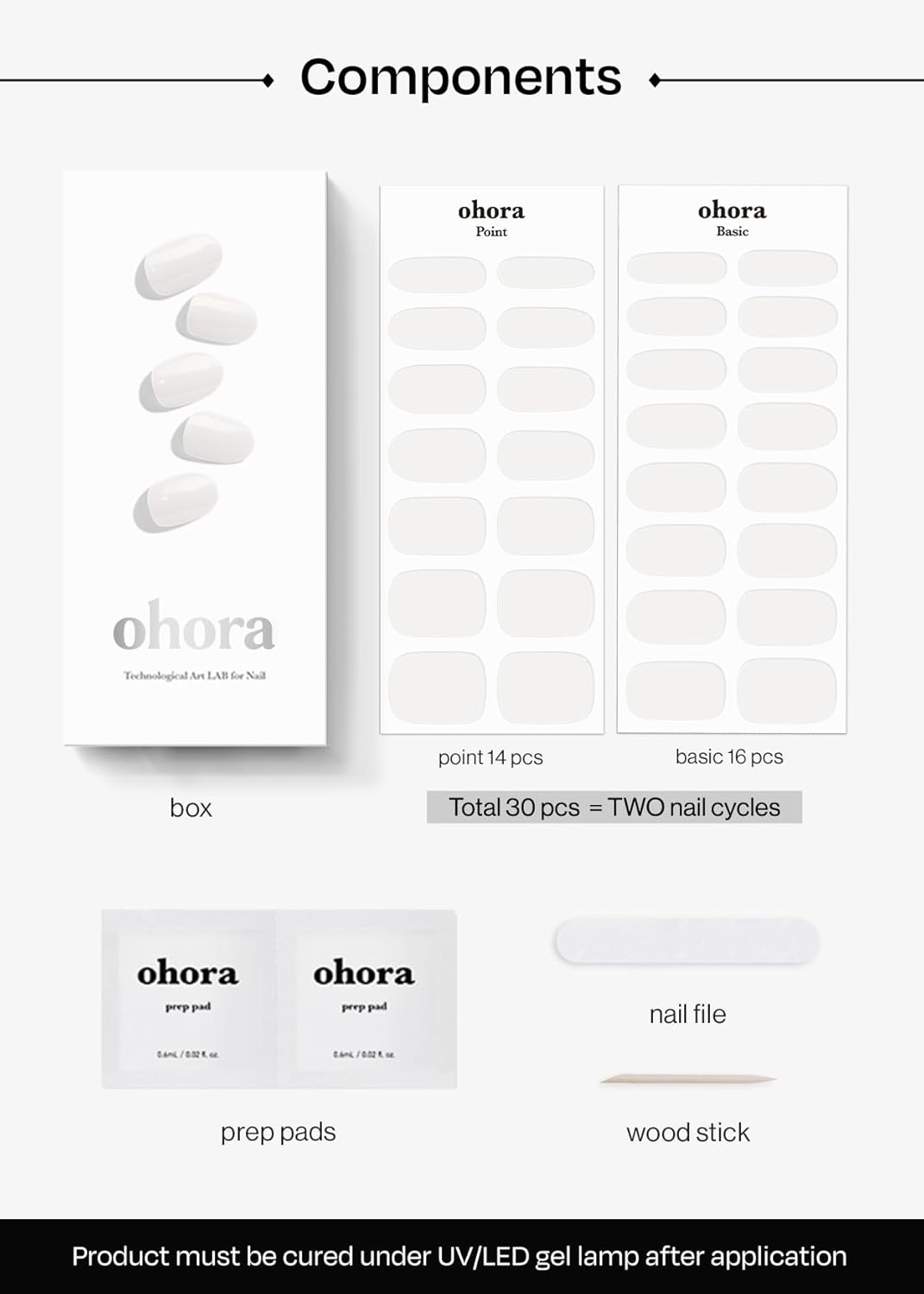 ohora Semi Cured Gel Nail Strips (N Clean White) - White, Solid, Works with Any UV/LED Lamps, Salon-Quality, Long Lasting, Easy to Apply & Remove - Includes 2 Prep Pads, Nail File & Wooden Stick - Image 6