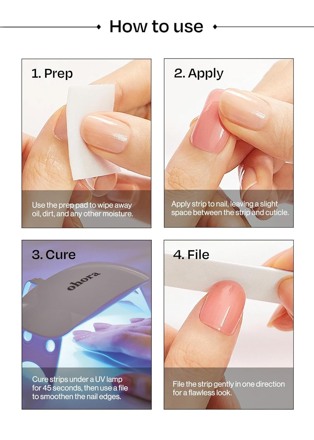 ohora Semi Cured Gel Nail Strips (N Cream Indigo) - Blue, Solid, Works with Any UV/LED Lamps, Salon-Quality, Long Lasting, Easy to Apply & Remove - Includes 2 Prep Pads, Nail File & Wooden Stick - Image 7