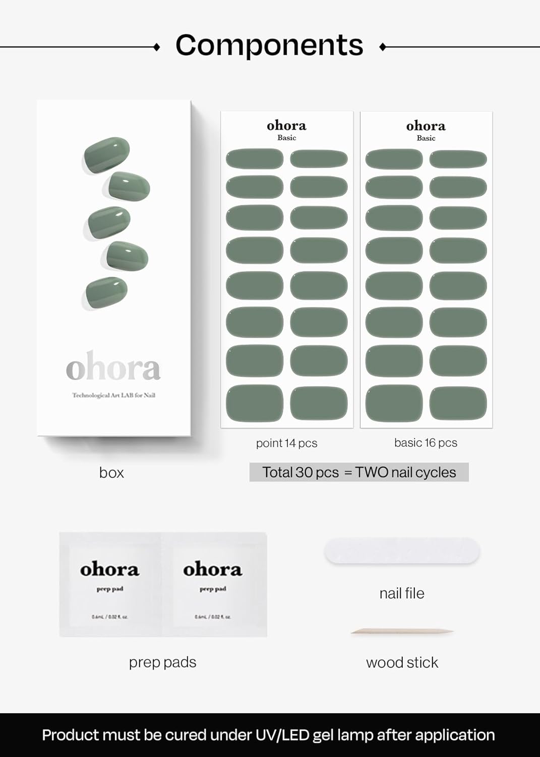 ohora Semi Cured Gel Nail Strips (N Cream Leaf) - Green, Solid, Works with Any UV/LED Lamps, Salon-Quality, Long Lasting, Easy to Apply & Remove - Includes 2 Prep Pads, Nail File & Wooden Stick - Image 6