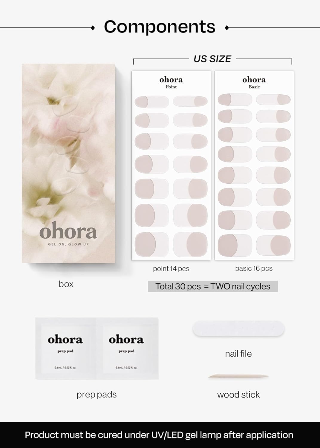 ohora Semi Cured Gel Nail Strips (N Glow French) - White, Glazed, Works with Any UV/LED Lamps, Salon-Quality, Long Lasting, Easy to Apply & Remove - Includes 2 Prep Pads, Nail File & Wooden Stick - Image 6