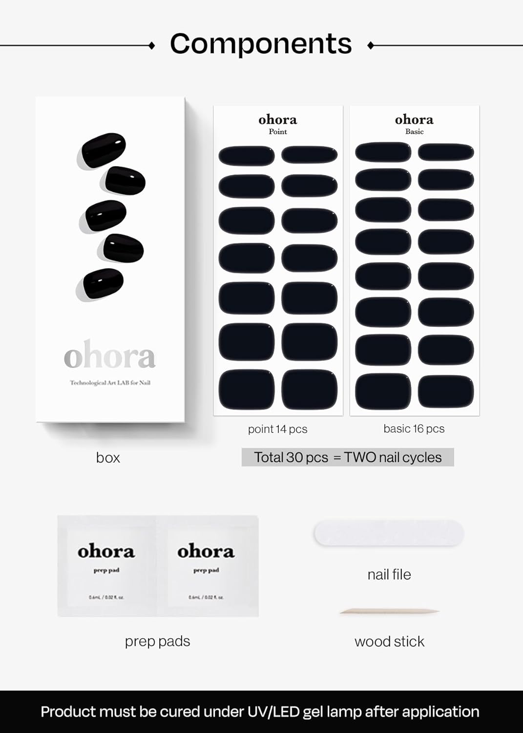 ohora Semi Cured Gel Nail Strips (N Onyx) - Dark, Solid, Works with Any UV/LED Lamps, Salon-Quality, Long Lasting, Easy to Apply & Remove - Includes 2 Prep Pads, Nail File & Wooden Stick - Image 6