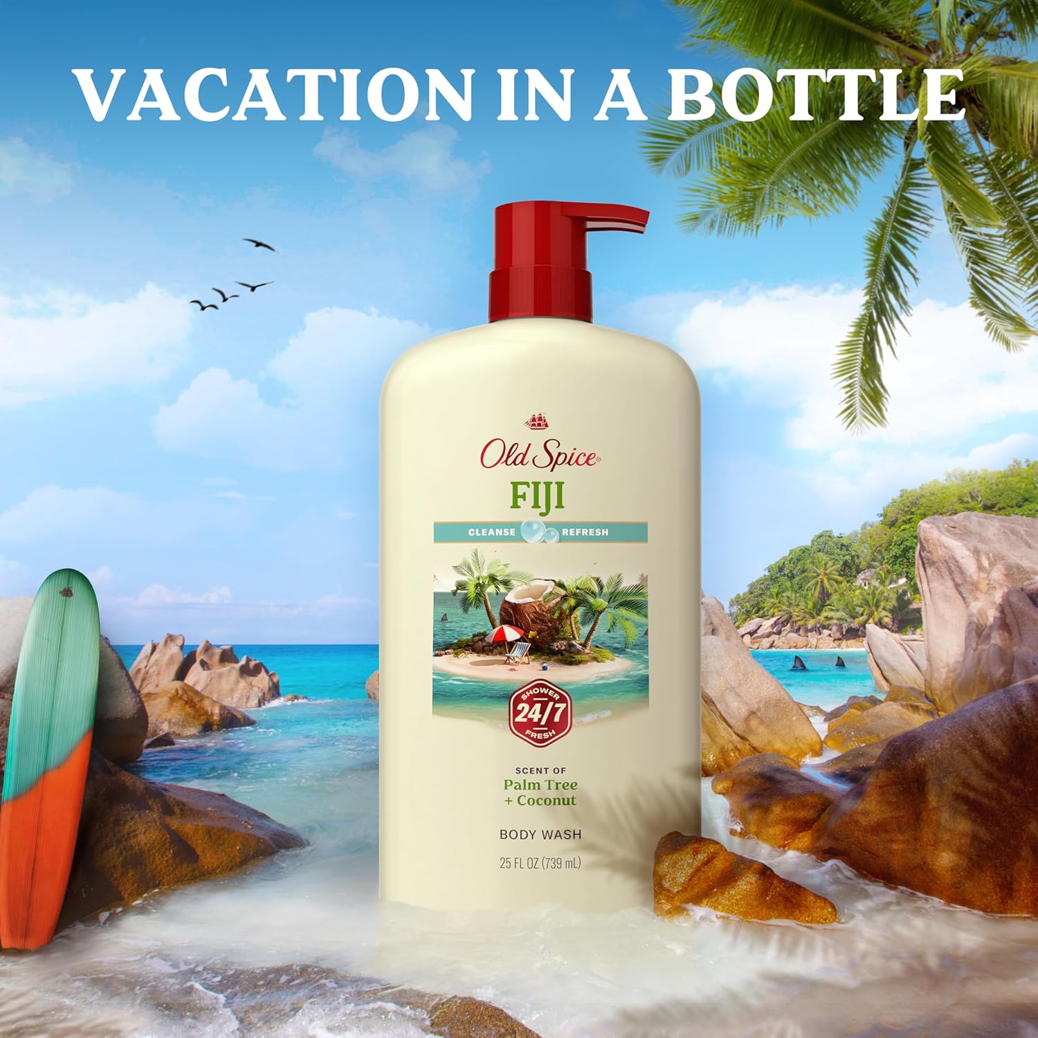 Old Spice Body Wash for Men, 24/7 Shower Fresh with Lasting Scent, Cleanse & Refresh, Gentle on Skin, Vitamin B3, Fiji with Palm Tree + Coconut Scent, 25 oz (Pack of 4) - Image 7