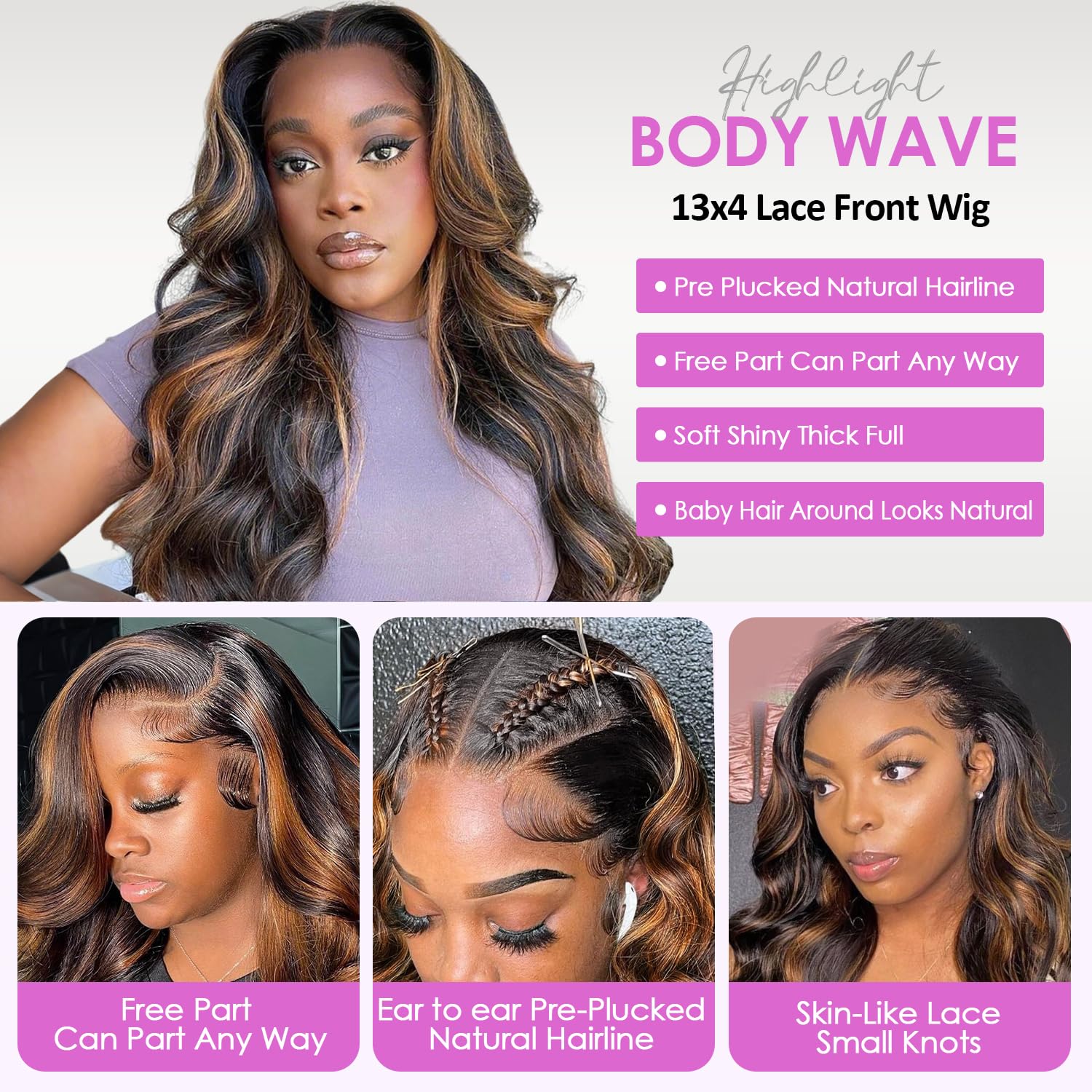 Ombre Brown Highlight 26 Inch 200 Density 13x4 Glueless Human Hair Body Wave Lace Front Wig for Women - Image 4