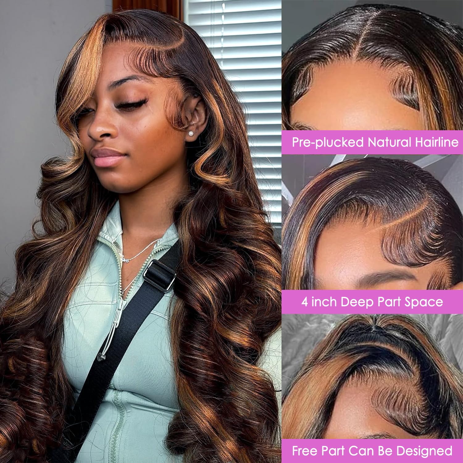 Ombre Brown Highlight 26 Inch 200 Density 13x4 Glueless Human Hair Body Wave Lace Front Wig for Women - Image 2