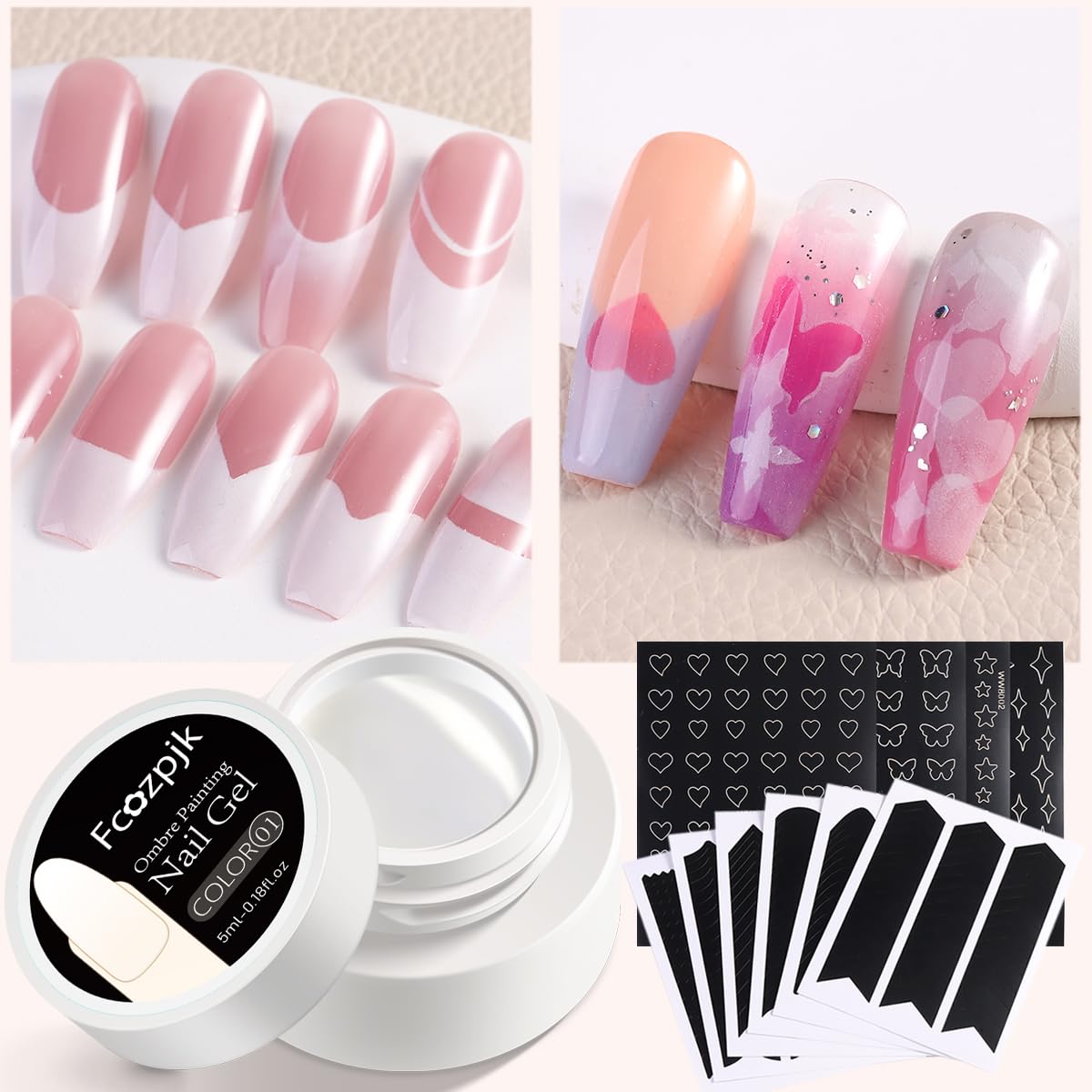 Ombre Gel Nail Polish Kit, 6PCS Colorful Painting Nail Gel Black White Pink Paint Gel for Nails Gradient Design Soak Off UV Pastel Nail Polish Set with Ombre Sponge Nail Brush French Tip Guide - Image 6