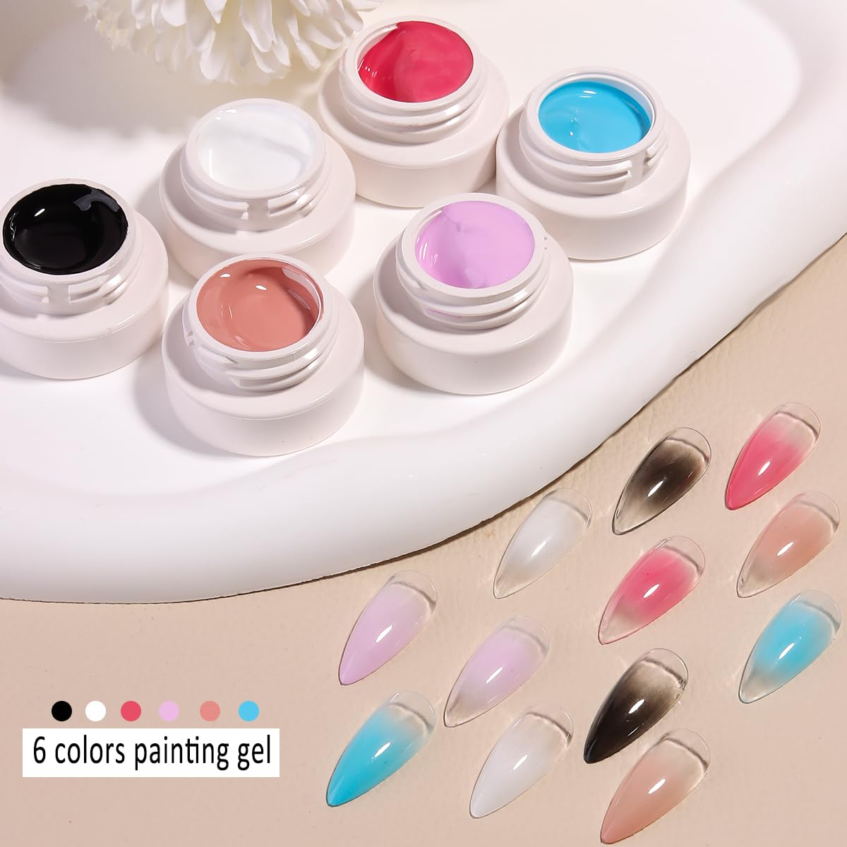 Ombre Gel Nail Polish Kit, 6PCS Colorful Painting Nail Gel Black White Pink Paint Gel for Nails Gradient Design Soak Off UV Pastel Nail Polish Set with Ombre Sponge Nail Brush French Tip Guide - Image 3