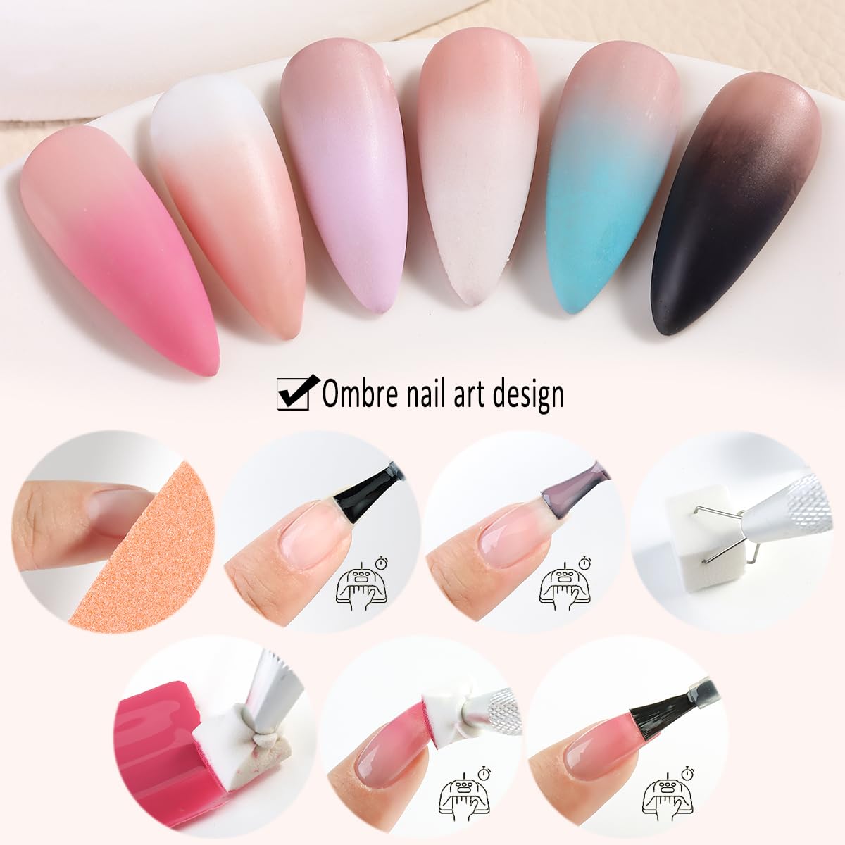 Ombre Gel Nail Polish Kit, 6PCS Colorful Painting Nail Gel Black White Pink Paint Gel for Nails Gradient Design Soak Off UV Pastel Nail Polish Set with Ombre Sponge Nail Brush French Tip Guide - Image 4